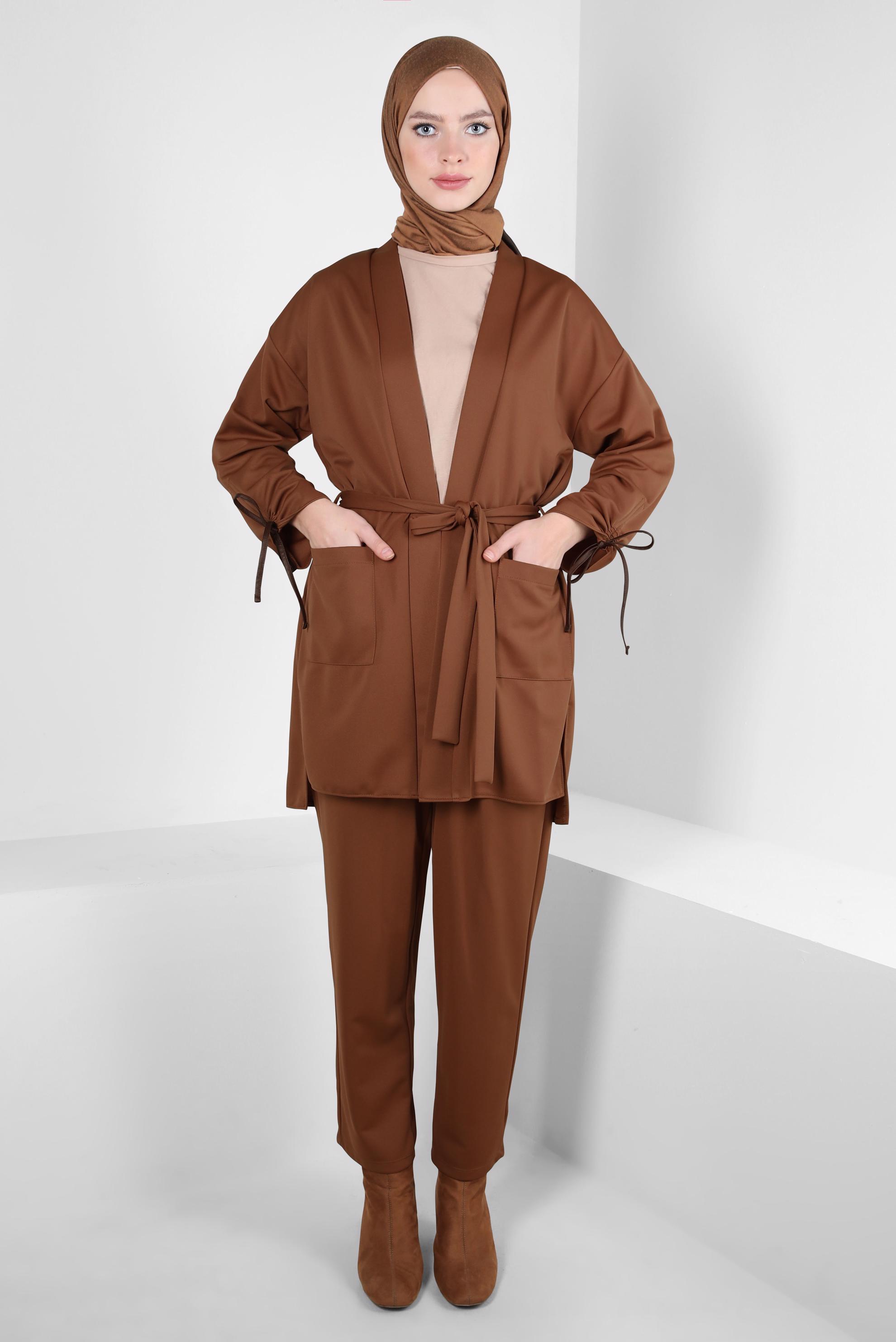 Tesettür giyim TABA KUŞAKLI PANTOLONLU TAKIM 44228