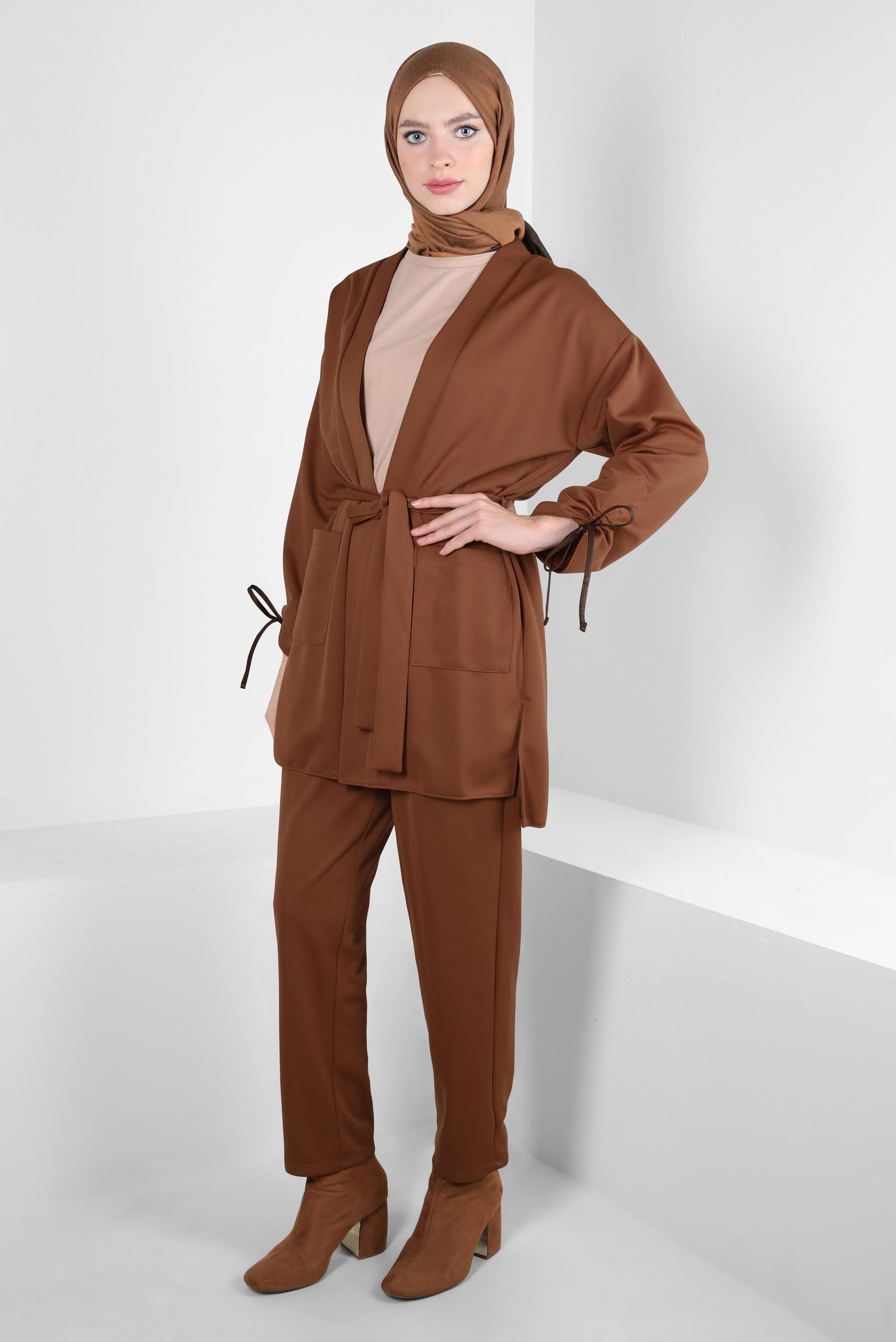 Tesettür giyim TABA KUŞAKLI PANTOLONLU TAKIM 44228