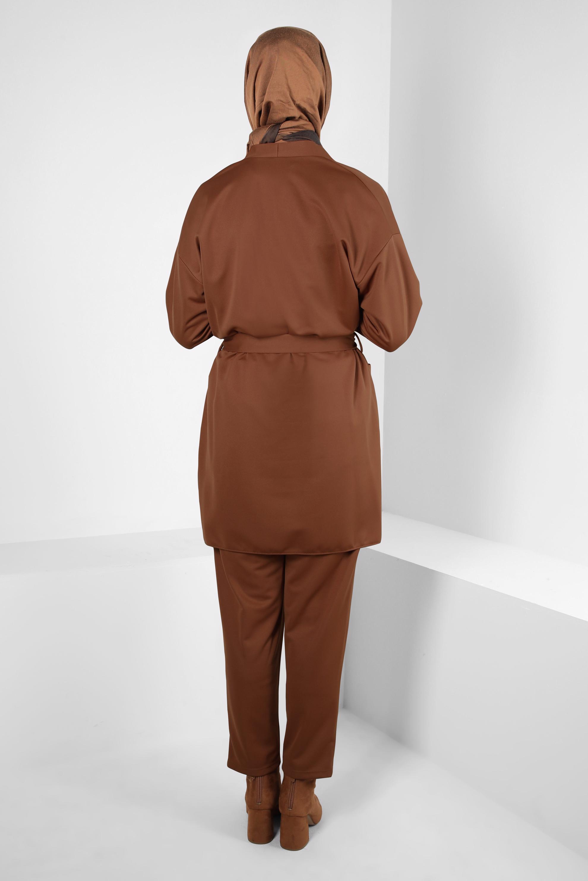 Tesettür giyim TABA KUŞAKLI PANTOLONLU TAKIM 44228