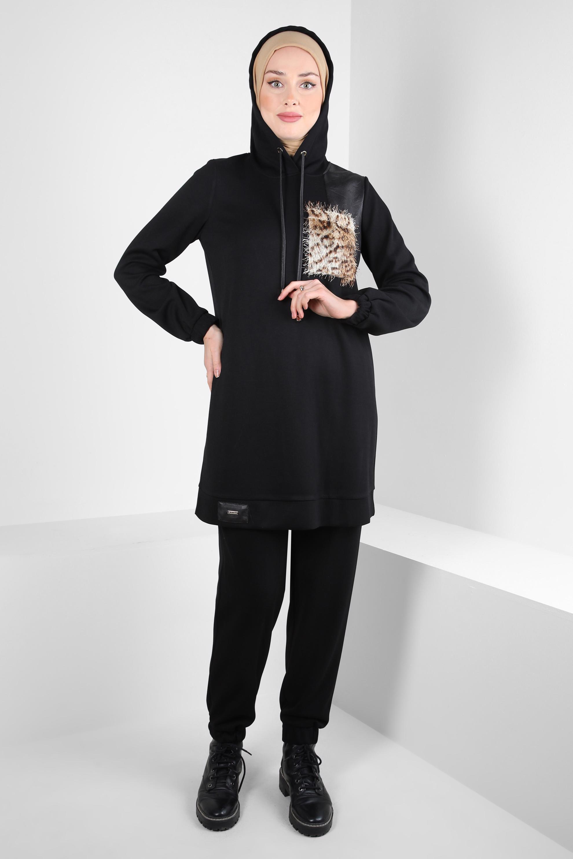 Tesettür giyim SİYAH KAPÜŞONLU PANTOLONLU TAKIM 44245