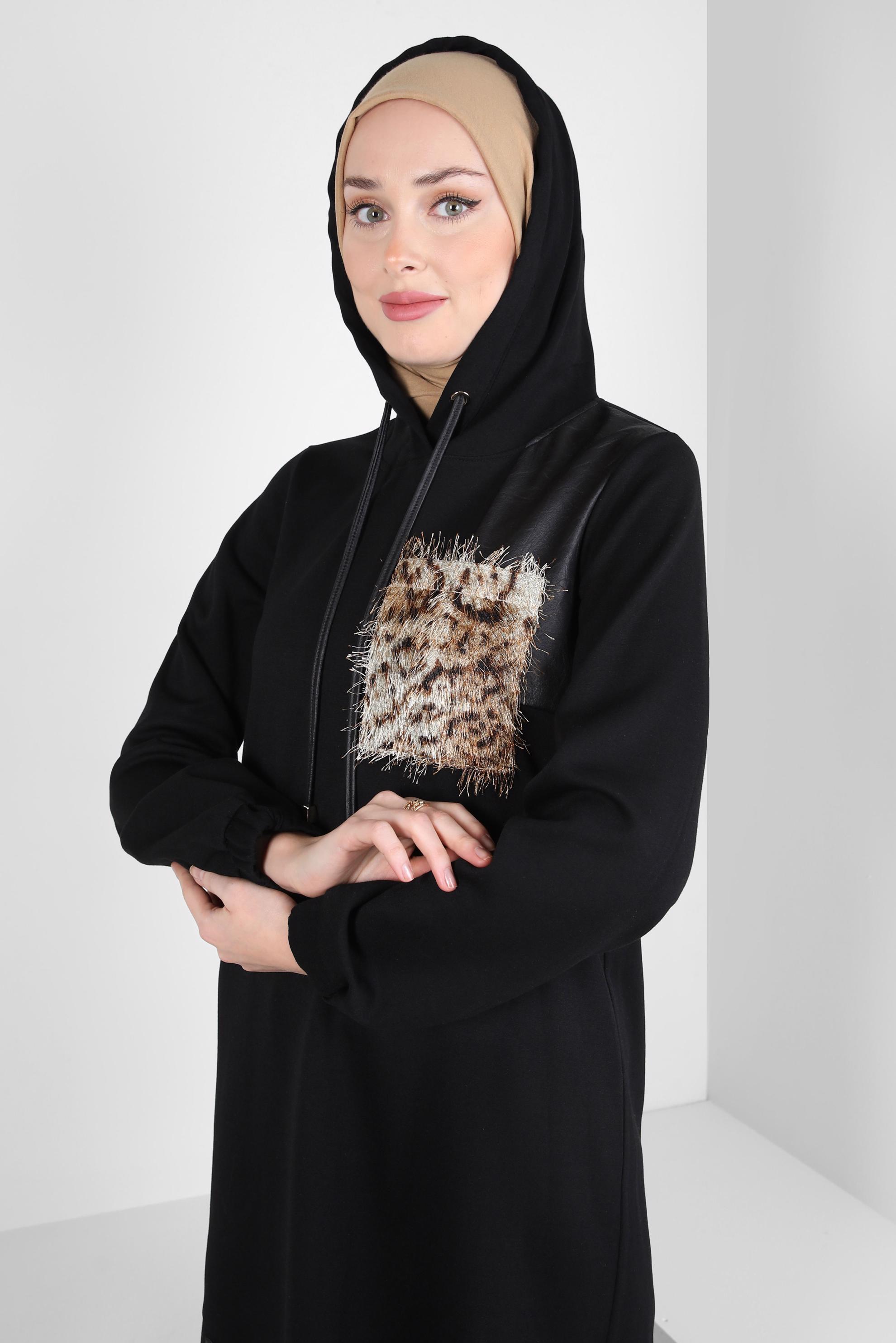 Tesettür giyim SİYAH KAPÜŞONLU PANTOLONLU TAKIM 44245