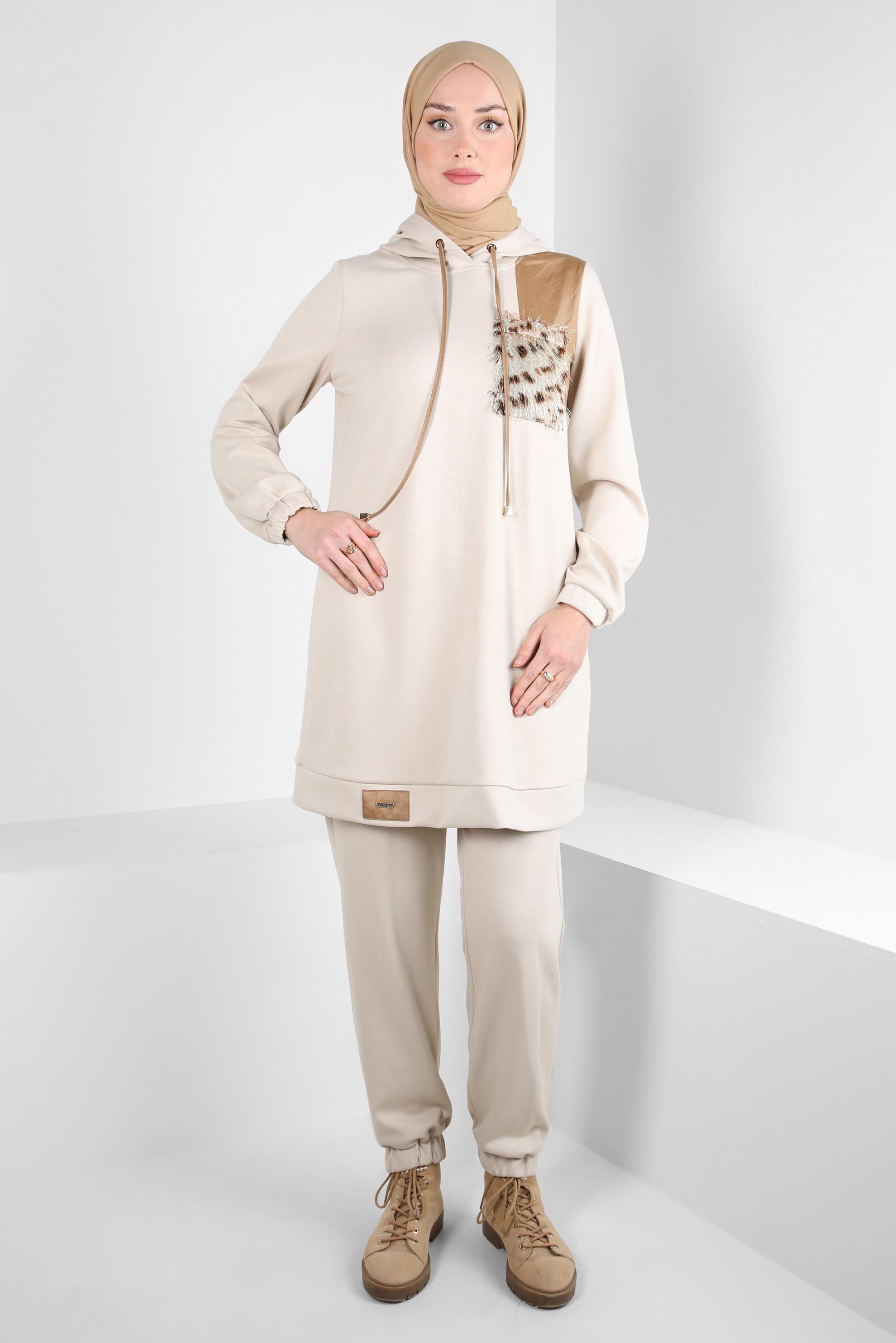 Hijab clothing BEIGE HOODED PANTS SUIT 44245