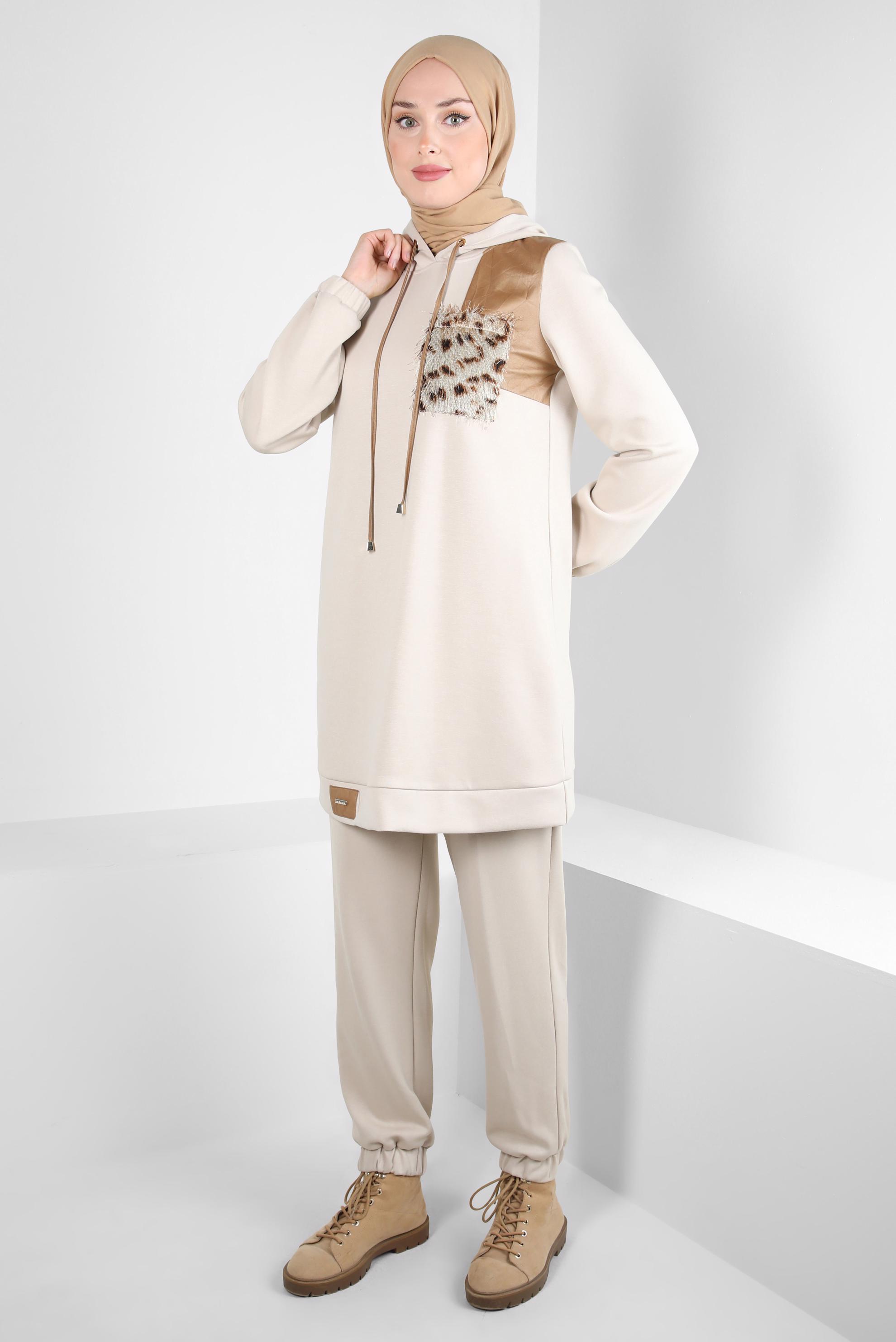 Hijab clothing BEIGE HOODED PANTS SUIT 44245
