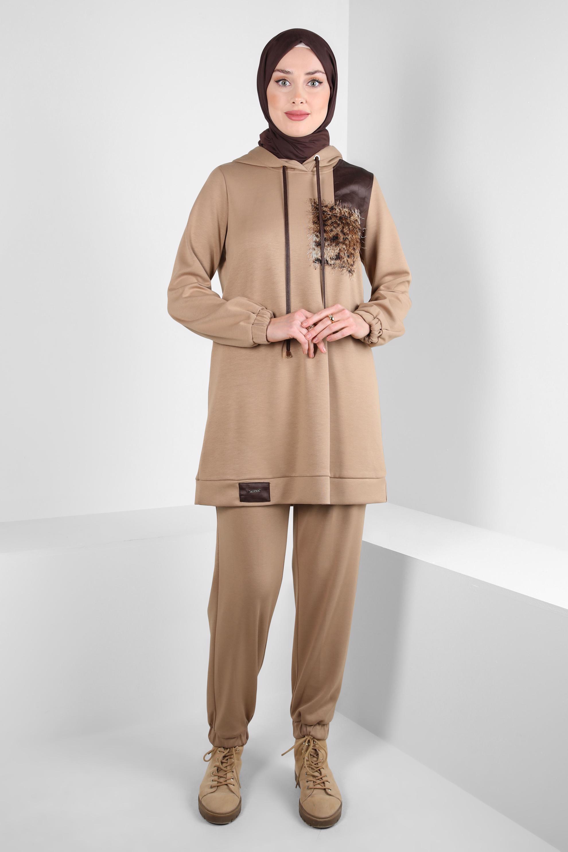 Tesettür giyim KAHVE KAPÜŞONLU PANTOLONLU TAKIM 44245