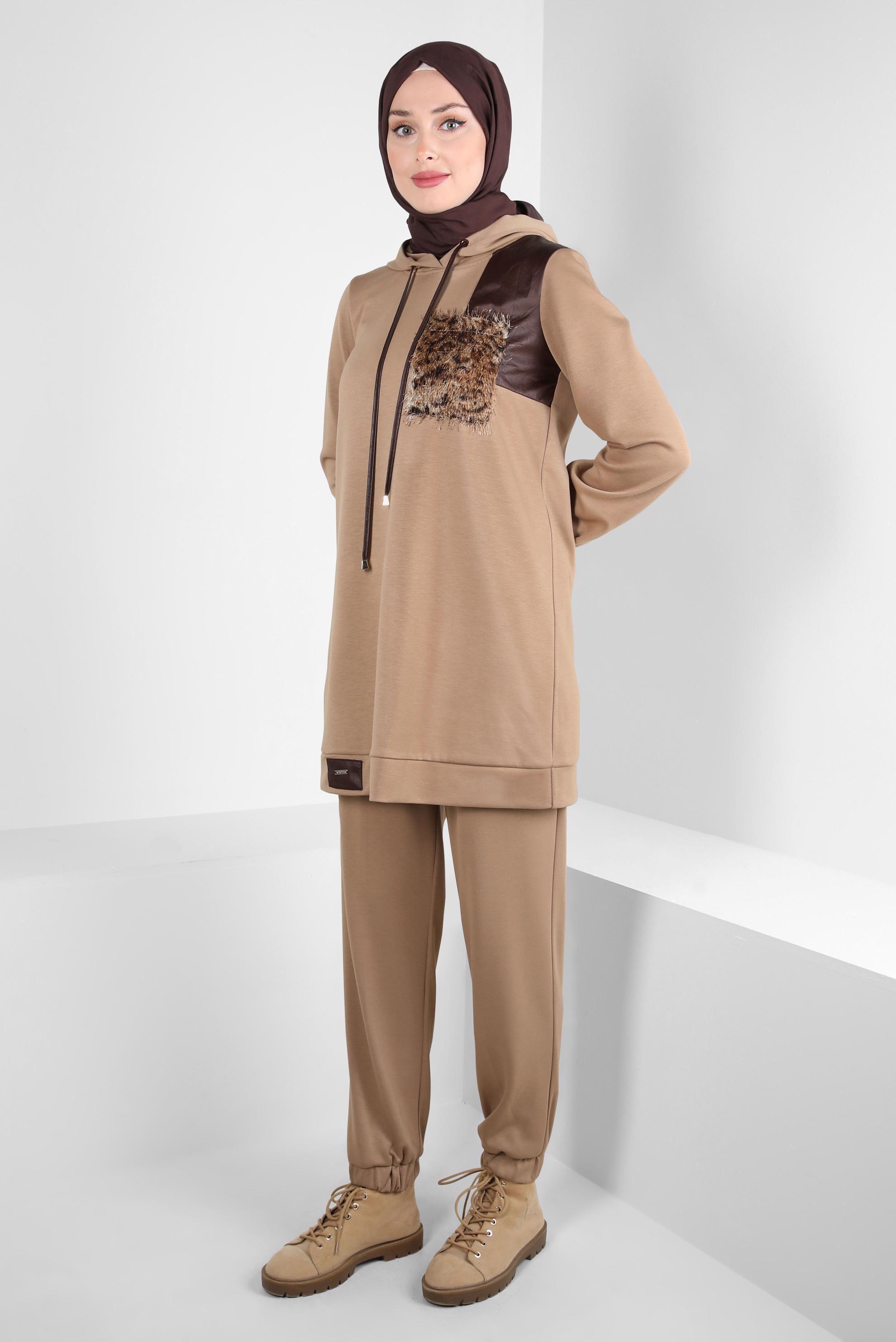 Tesettür giyim KAHVE KAPÜŞONLU PANTOLONLU TAKIM 44245
