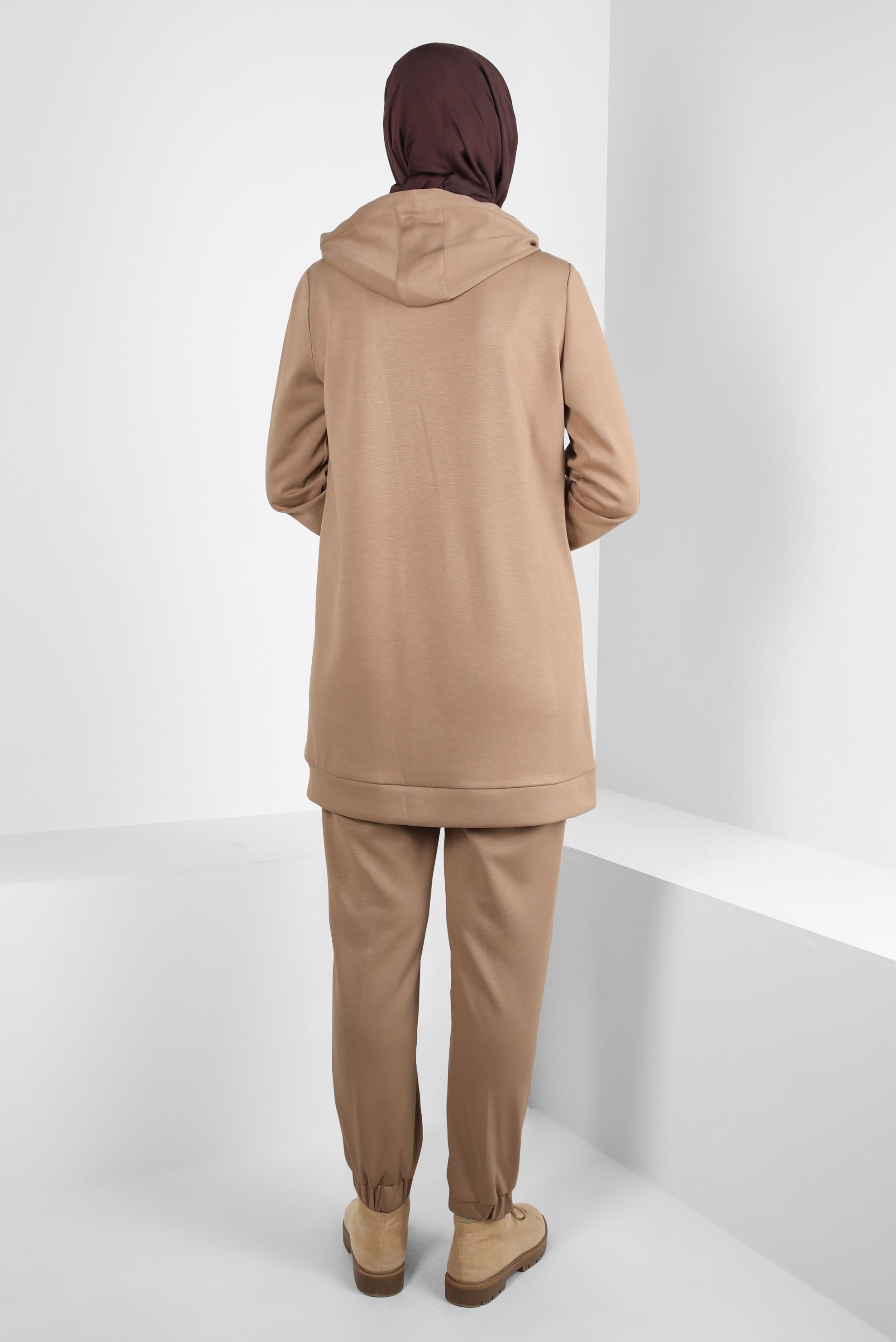 Tesettür giyim KAHVE KAPÜŞONLU PANTOLONLU TAKIM 44245