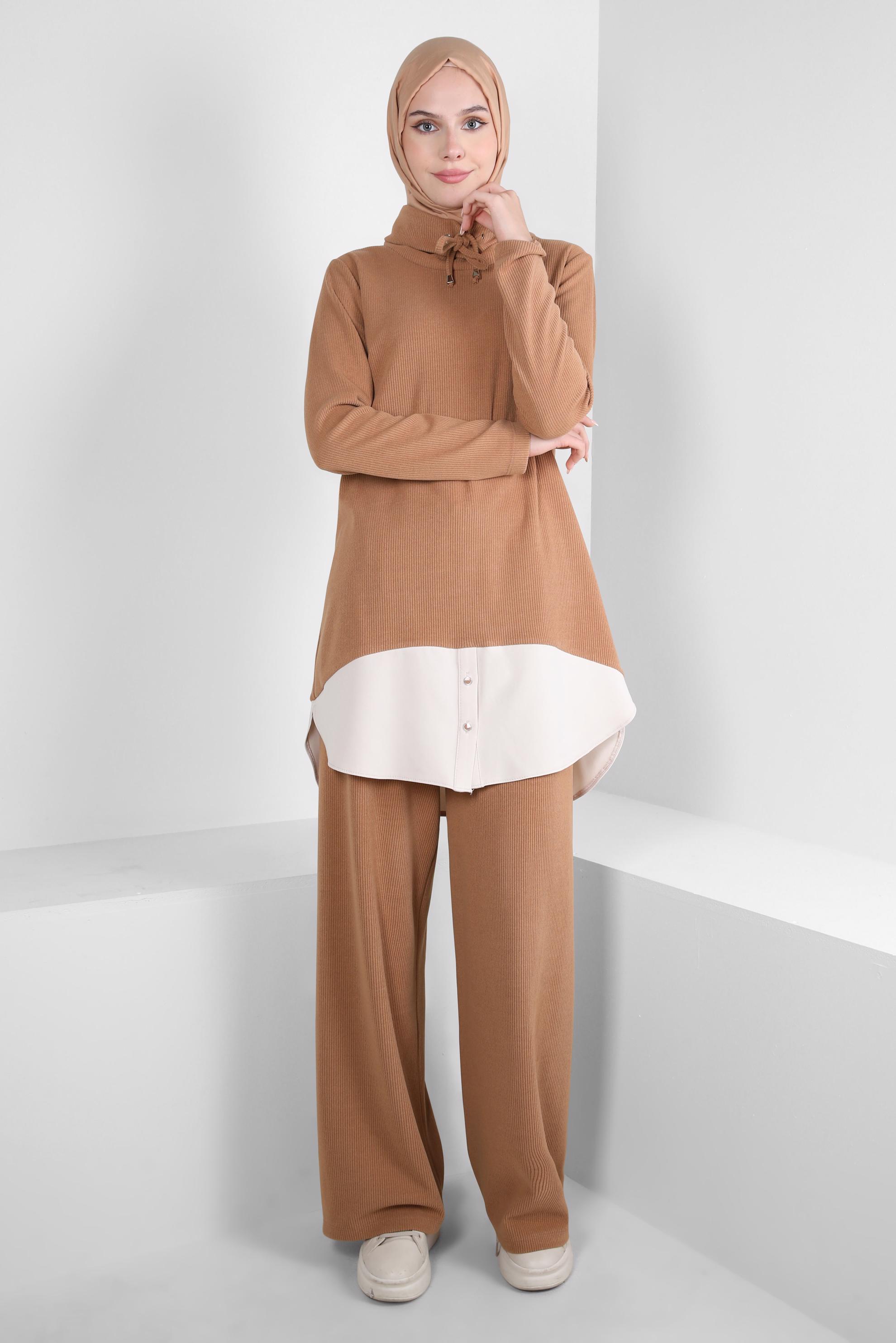 Tesettür giyim KAHVE GARNİLİ PANTOLONLU TAKIM 44250
