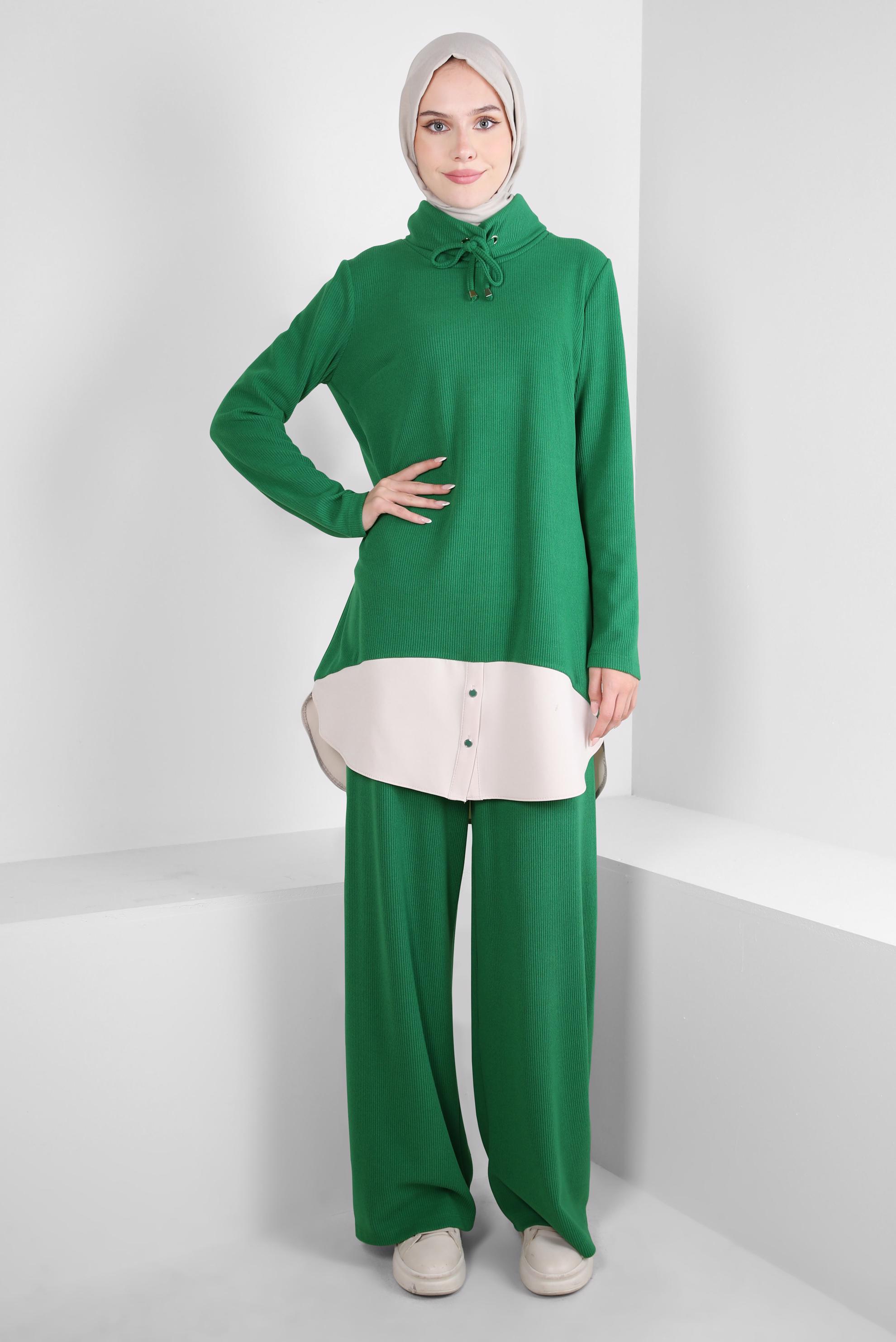 Tesettür giyim YEŞİL GARNİLİ PANTOLONLU TAKIM 44250