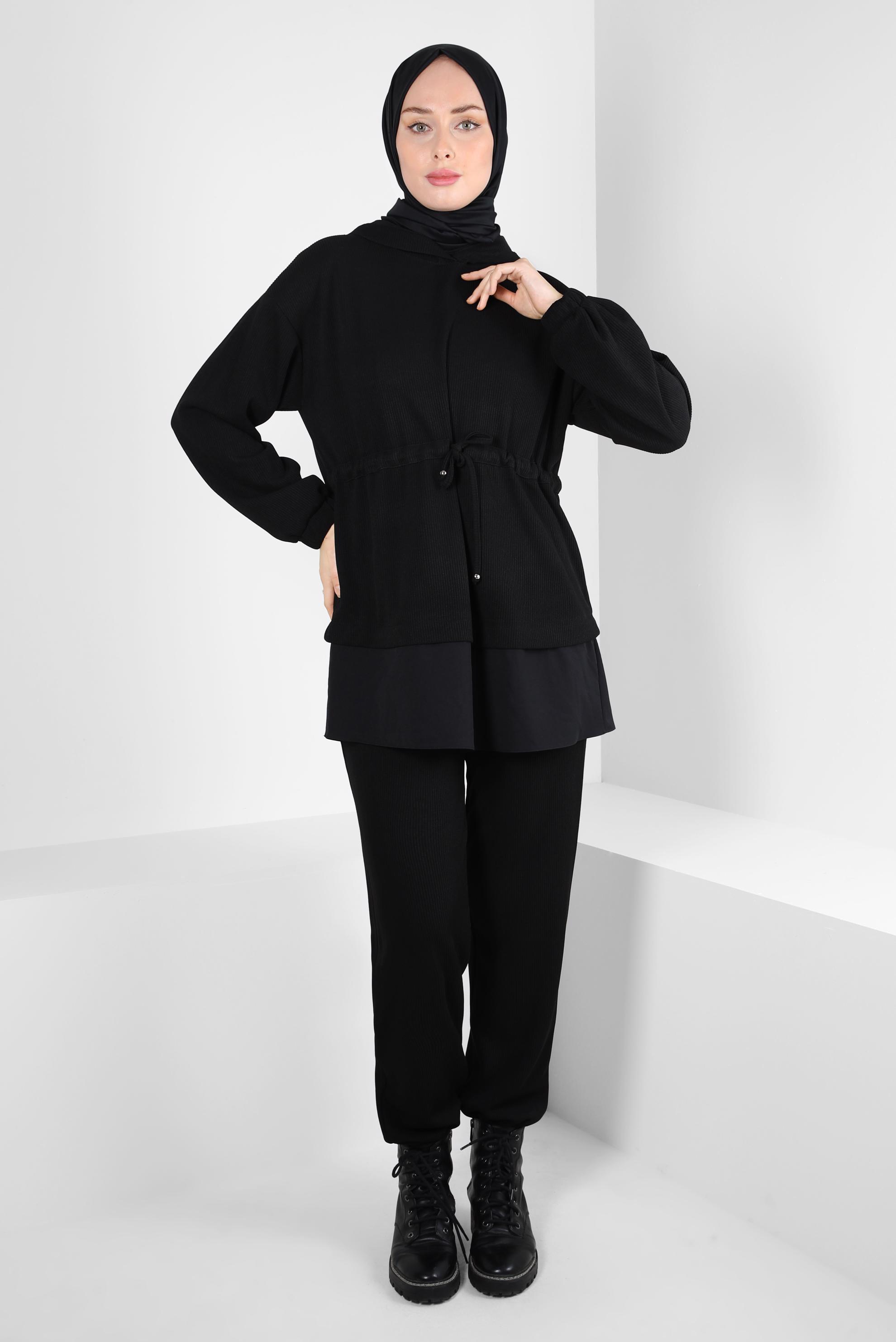 Tesettür giyim SİYAH KAPÜŞONLU PANTOLONLU TAKIM 44264