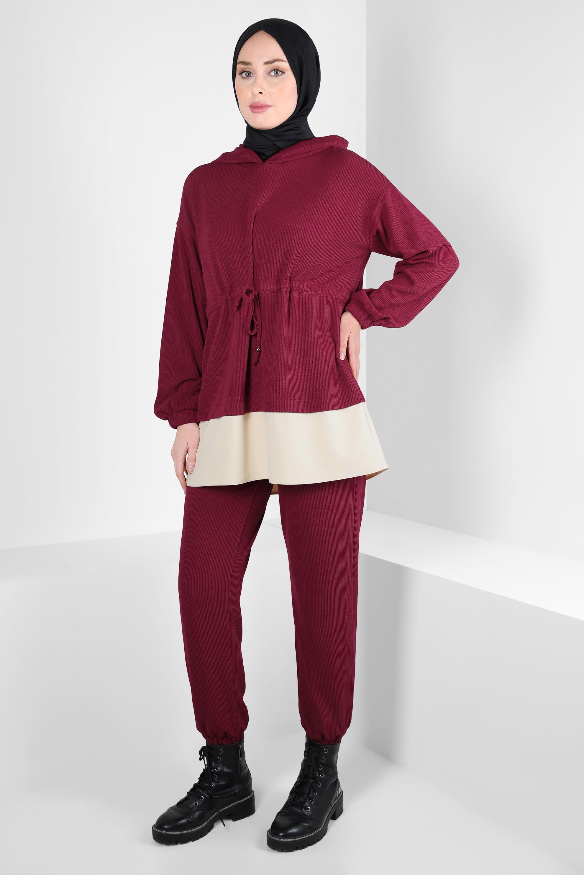 Tesettür giyim BORDO KAPÜŞONLU PANTOLONLU TAKIM 44264