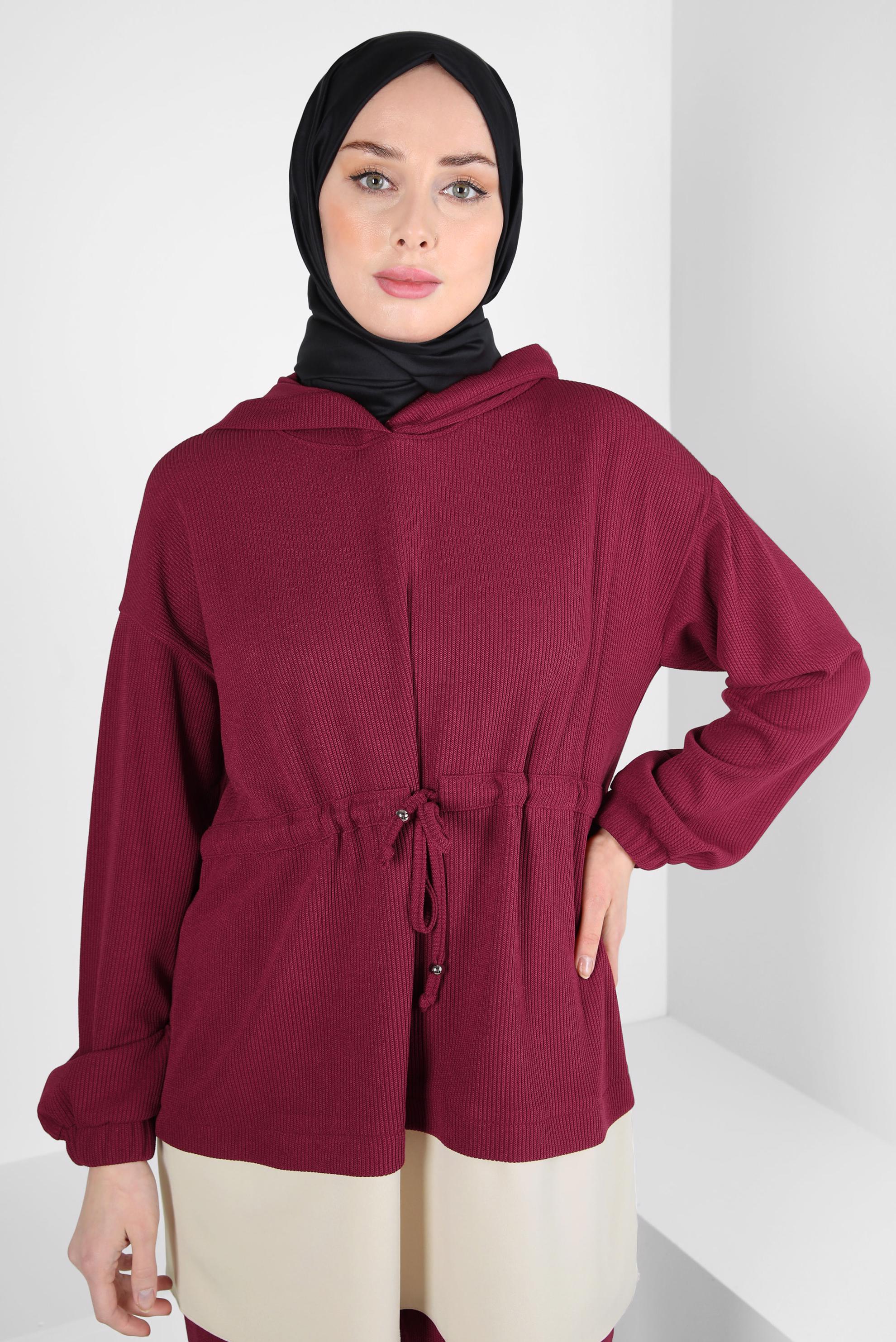 Tesettür giyim BORDO KAPÜŞONLU PANTOLONLU TAKIM 44264
