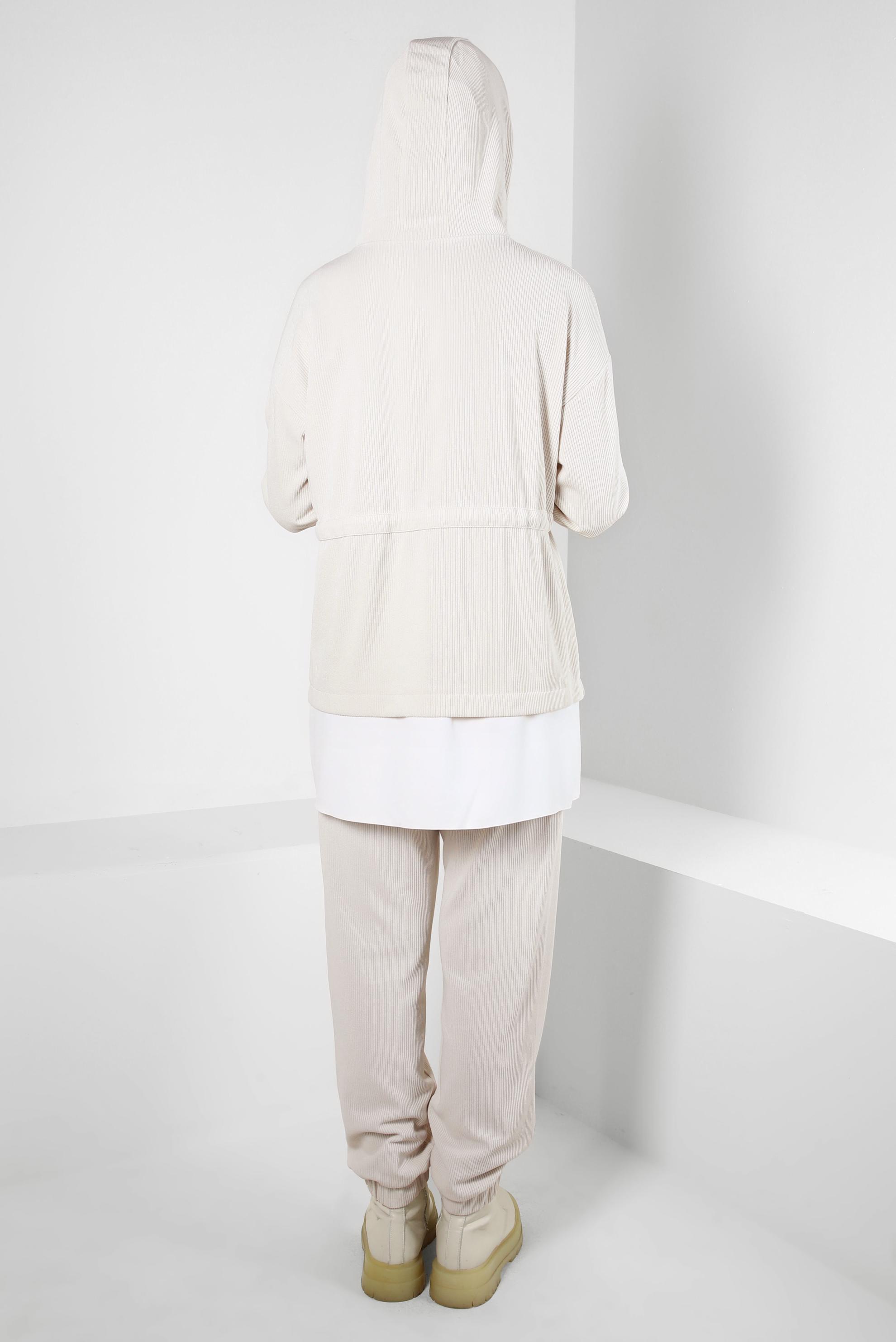 Tesettür giyim EKRU KAPÜŞONLU PANTOLONLU TAKIM 44264