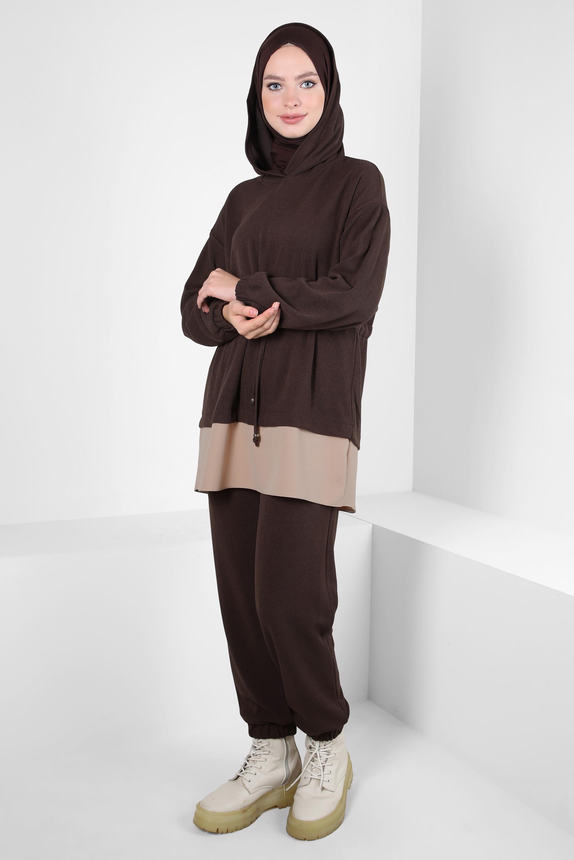 Tesettür giyim KAHVE KAPÜŞONLU PANTOLONLU TAKIM 44264