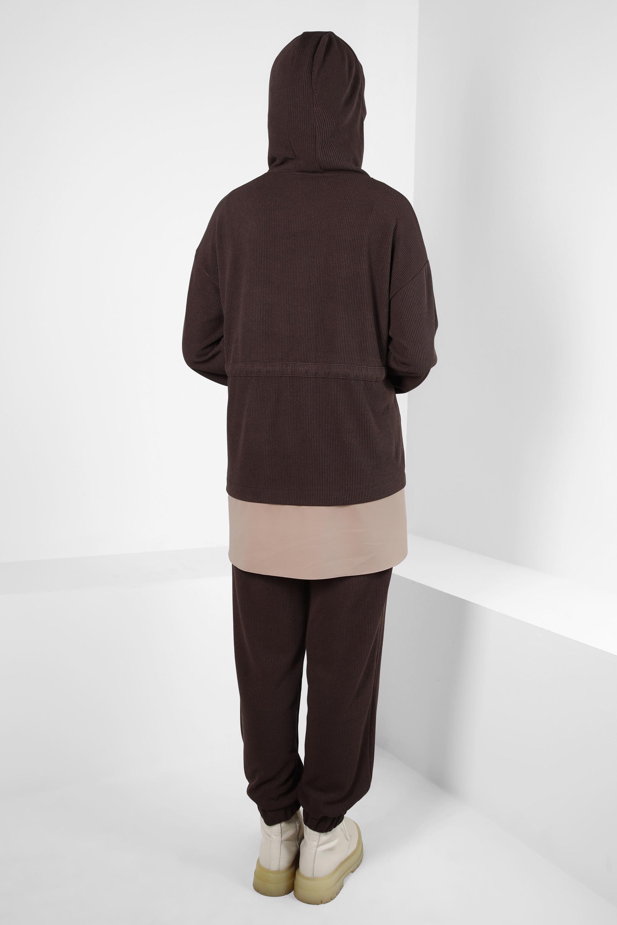 Tesettür giyim KAHVE KAPÜŞONLU PANTOLONLU TAKIM 44264