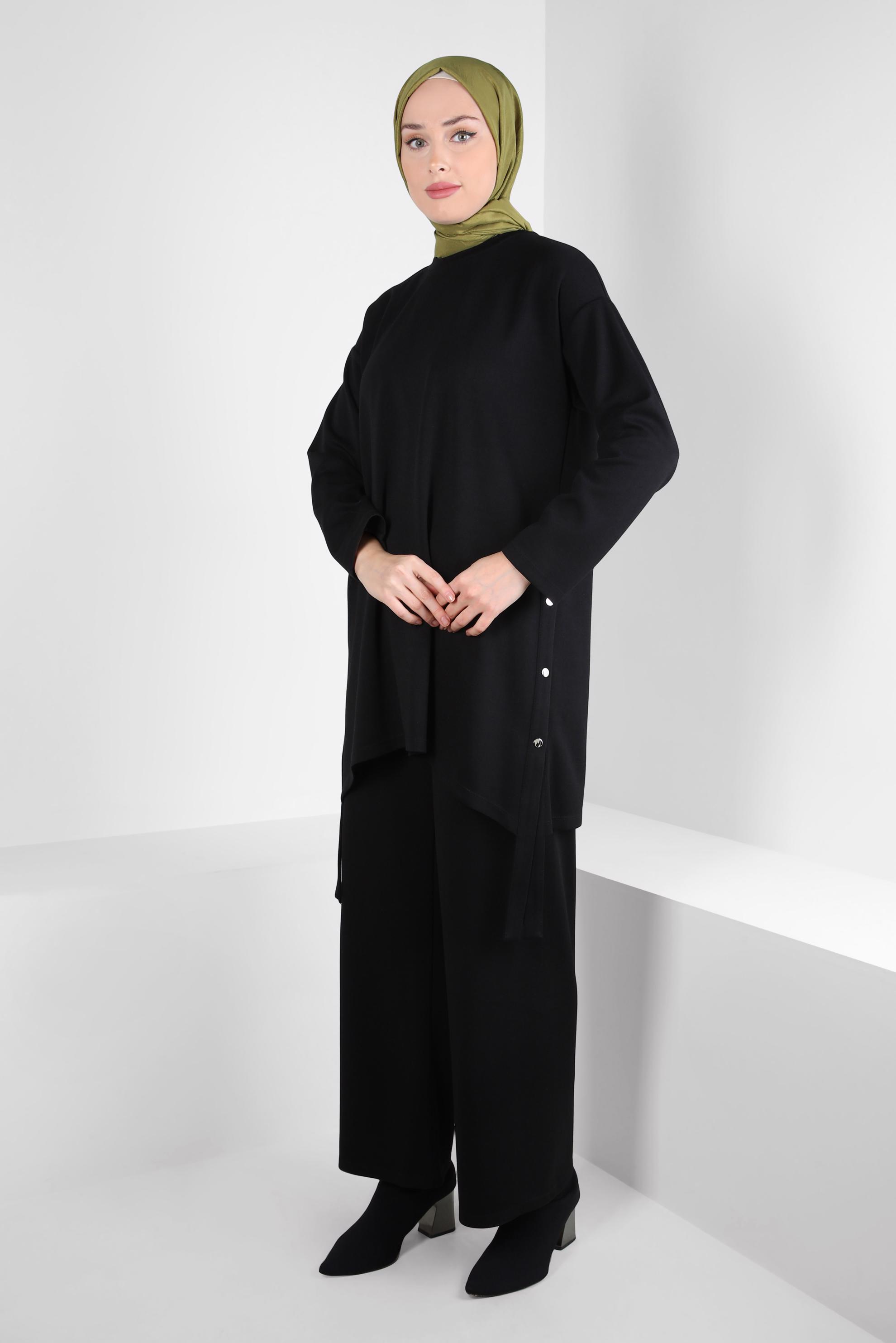 Tesettür giyim SİYAH GENİŞ PAÇA PANTOLONLU TAKIM 44265