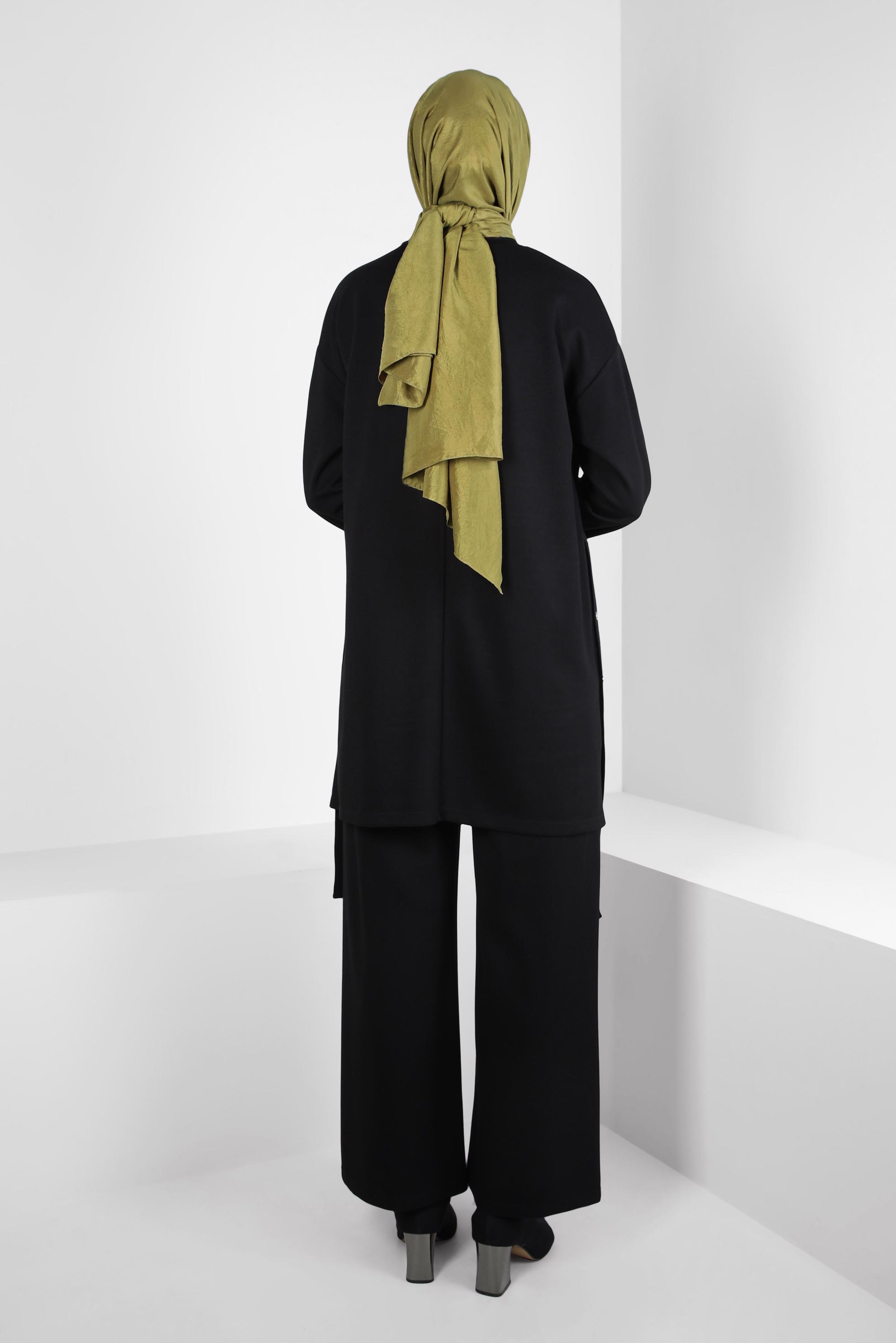 Tesettür giyim SİYAH GENİŞ PAÇA PANTOLONLU TAKIM 44265