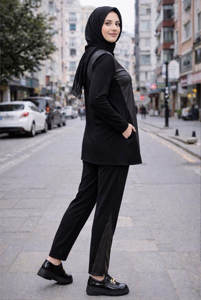 Hijab clothing BLACK CREW-NECK PANTSUIT 44288 - ALVİNA