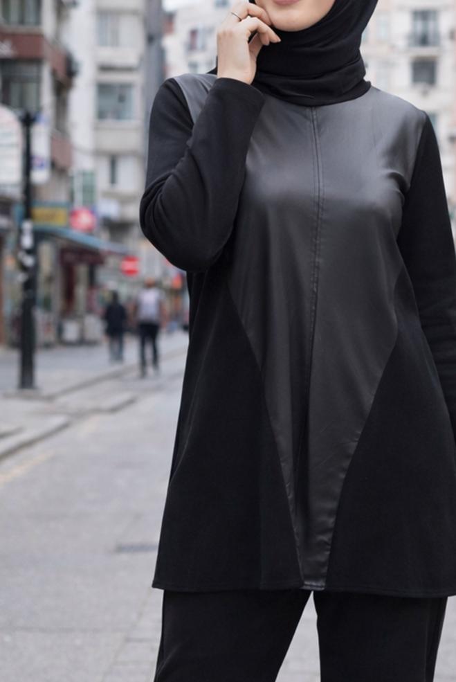 Hijab clothing BLACK CREW-NECK PANTSUIT 44288 - ALVİNA