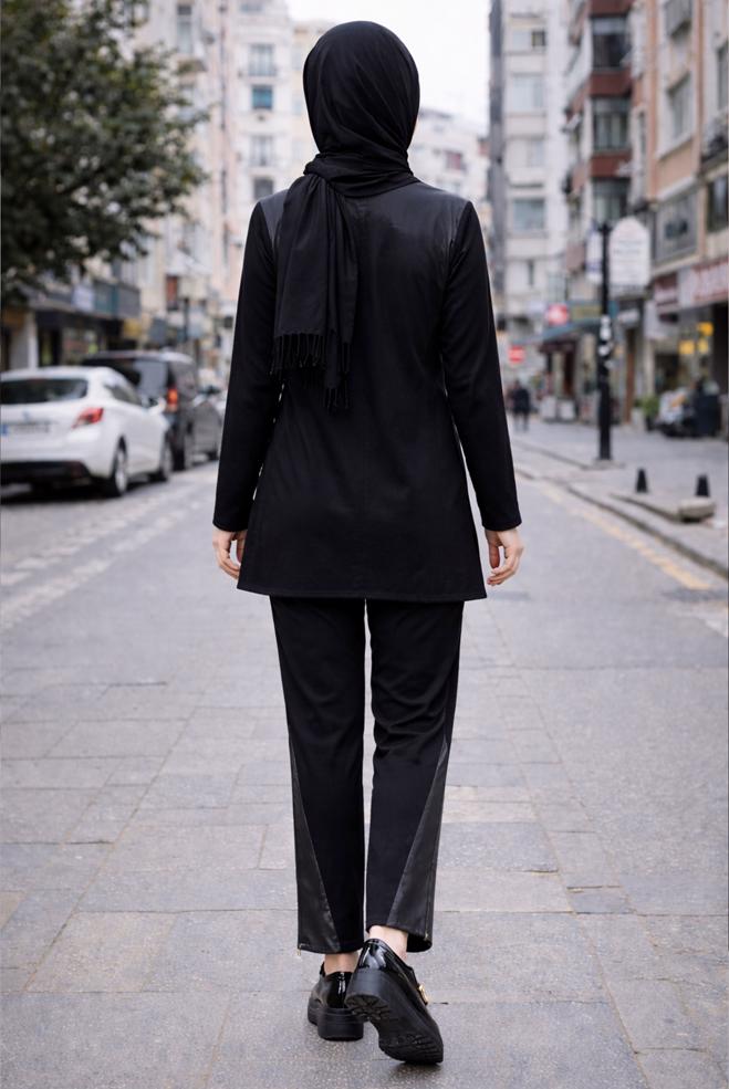 Hijab clothing BLACK CREW-NECK PANTSUIT 44288 - ALVİNA