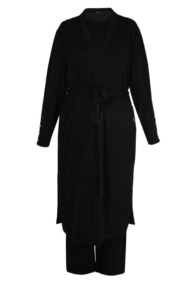 Hijab clothing BLACK BELTED THREE PIECES PANTS SUIT 44289 - ALVİNA