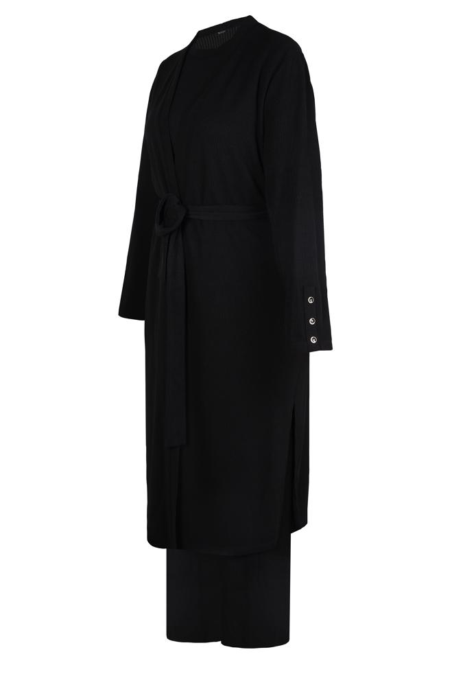 Hijab clothing BLACK BELTED THREE PIECES PANTS SUIT 44289 - ALVİNA