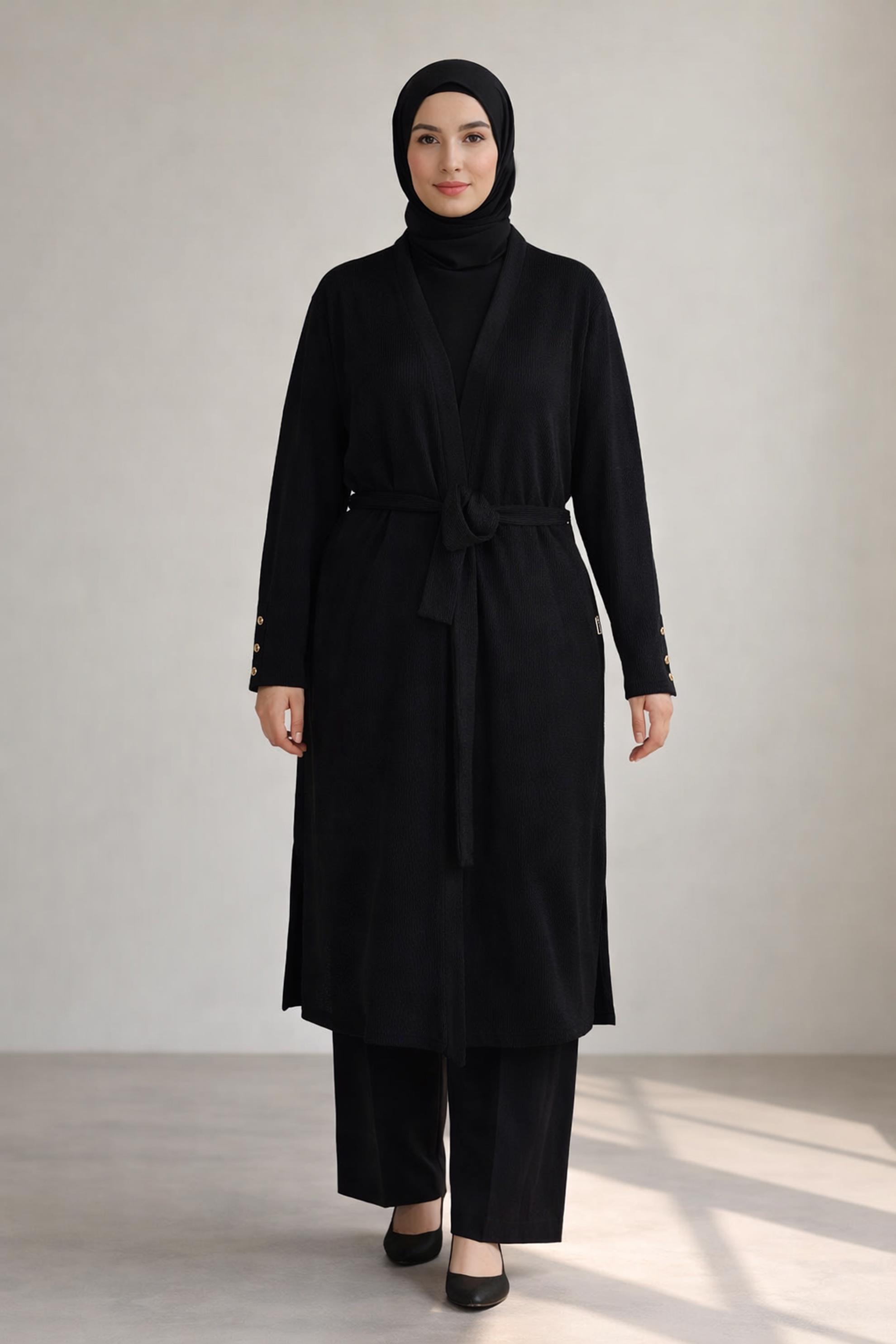 Hijab-Kleidung SCHWARZ DREITEILIGER HOSENANZUG MIT GÜRTEL 44289