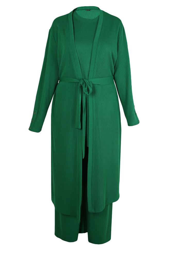 Hijab clothing GREEN BELTED THREE PIECES PANTS SUIT 44289 - ALVİNA