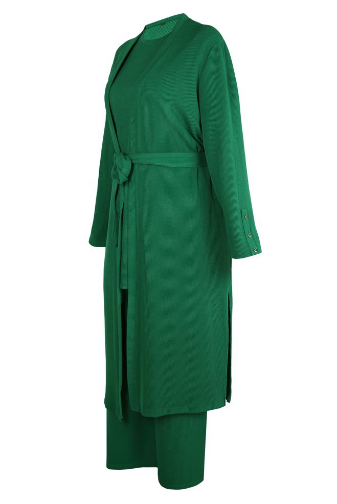 Hijab clothing GREEN BELTED THREE PIECES PANTS SUIT 44289 - ALVİNA