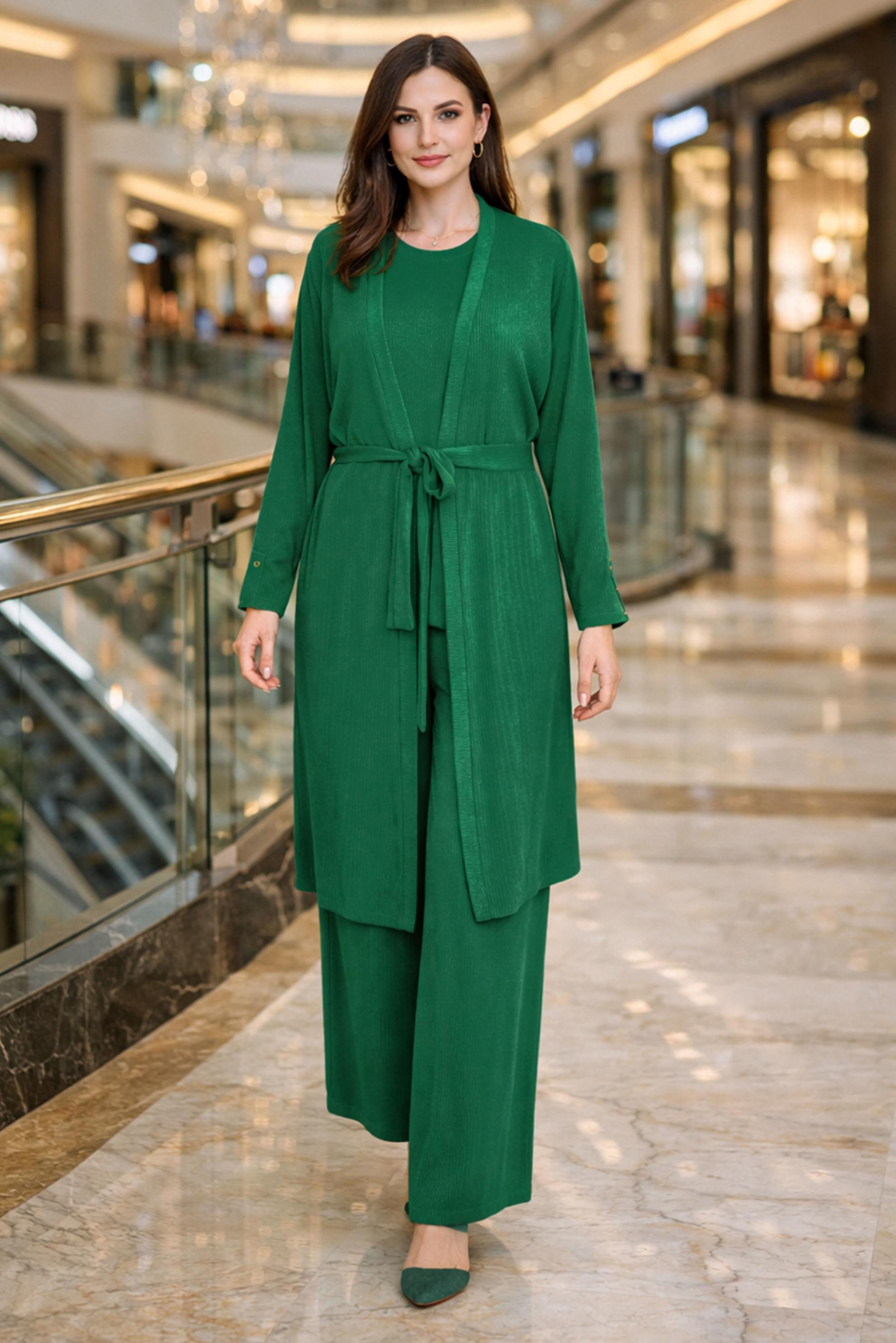 Tesettür giyim YEŞİL KUŞAKLI PANTOLONLU ÜÇLÜ TAKIM 44289