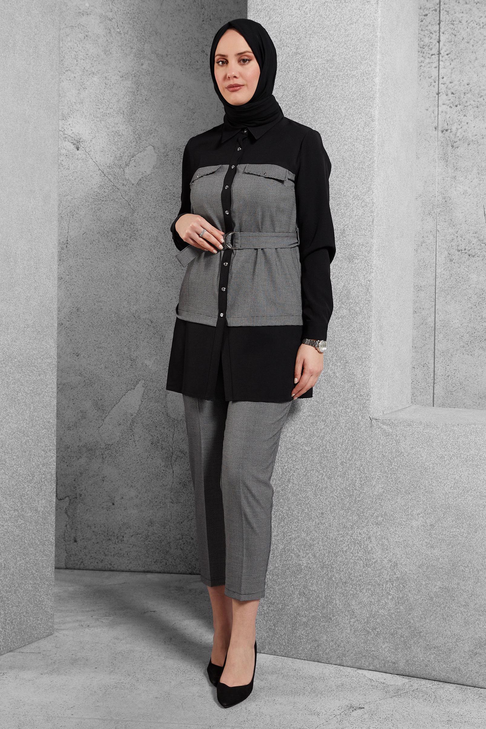 Tesettür giyim SİYAH KEMERLİ PANTOLONLU TAKIM 44315