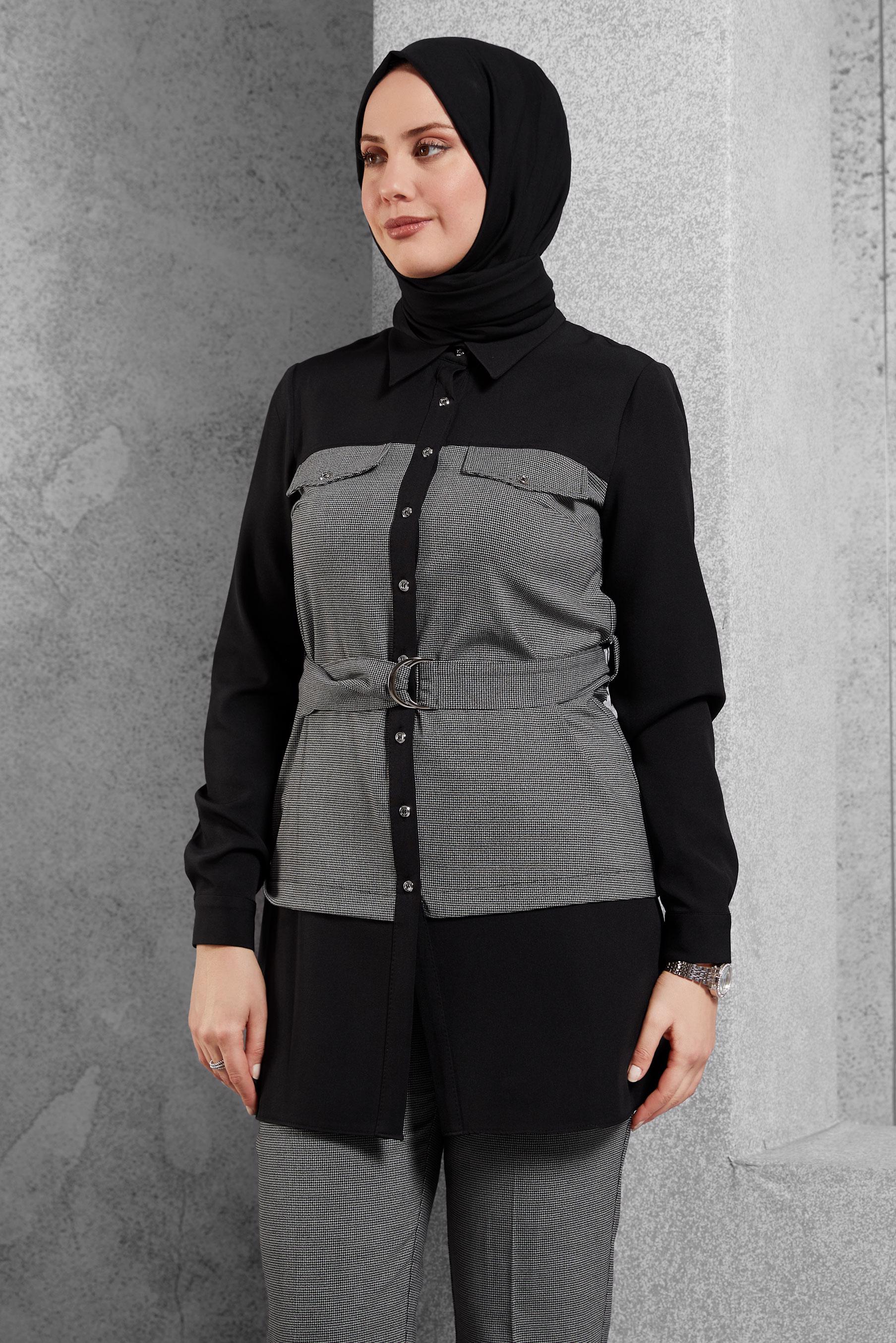 Tesettür giyim SİYAH KEMERLİ PANTOLONLU TAKIM 44315