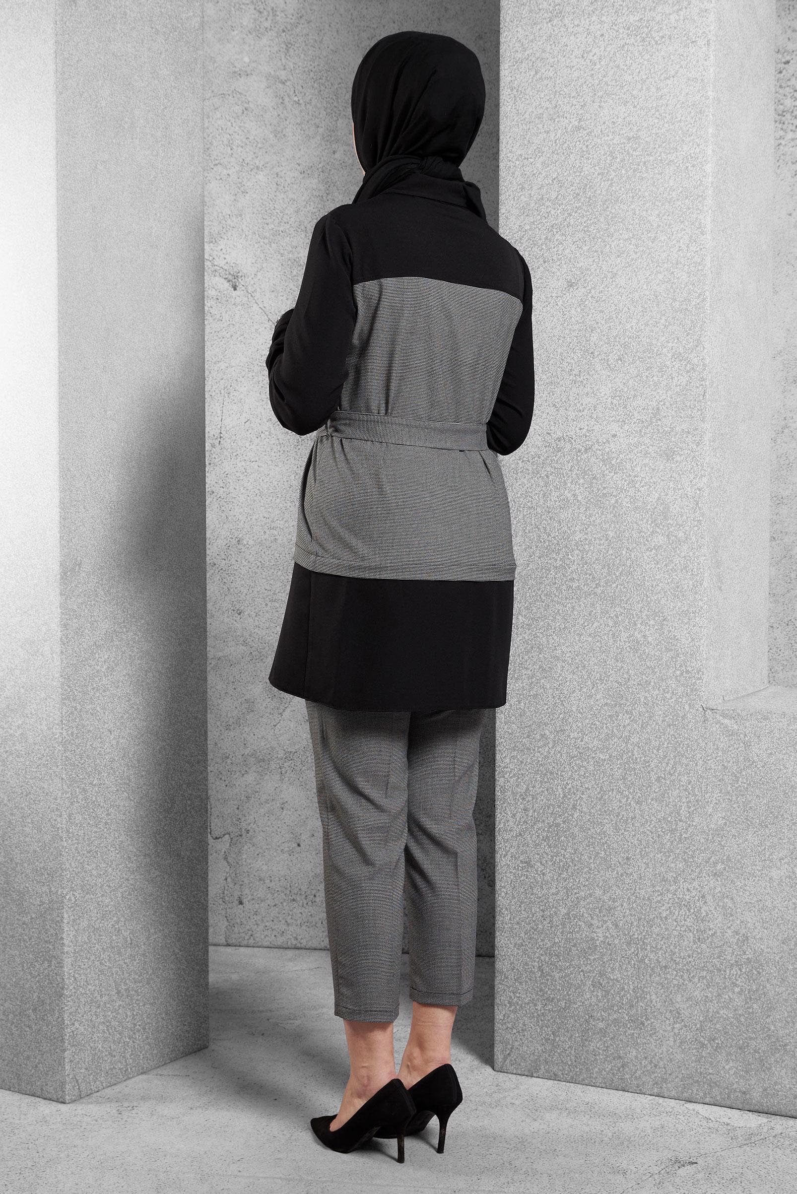 Tesettür giyim SİYAH KEMERLİ PANTOLONLU TAKIM 44315