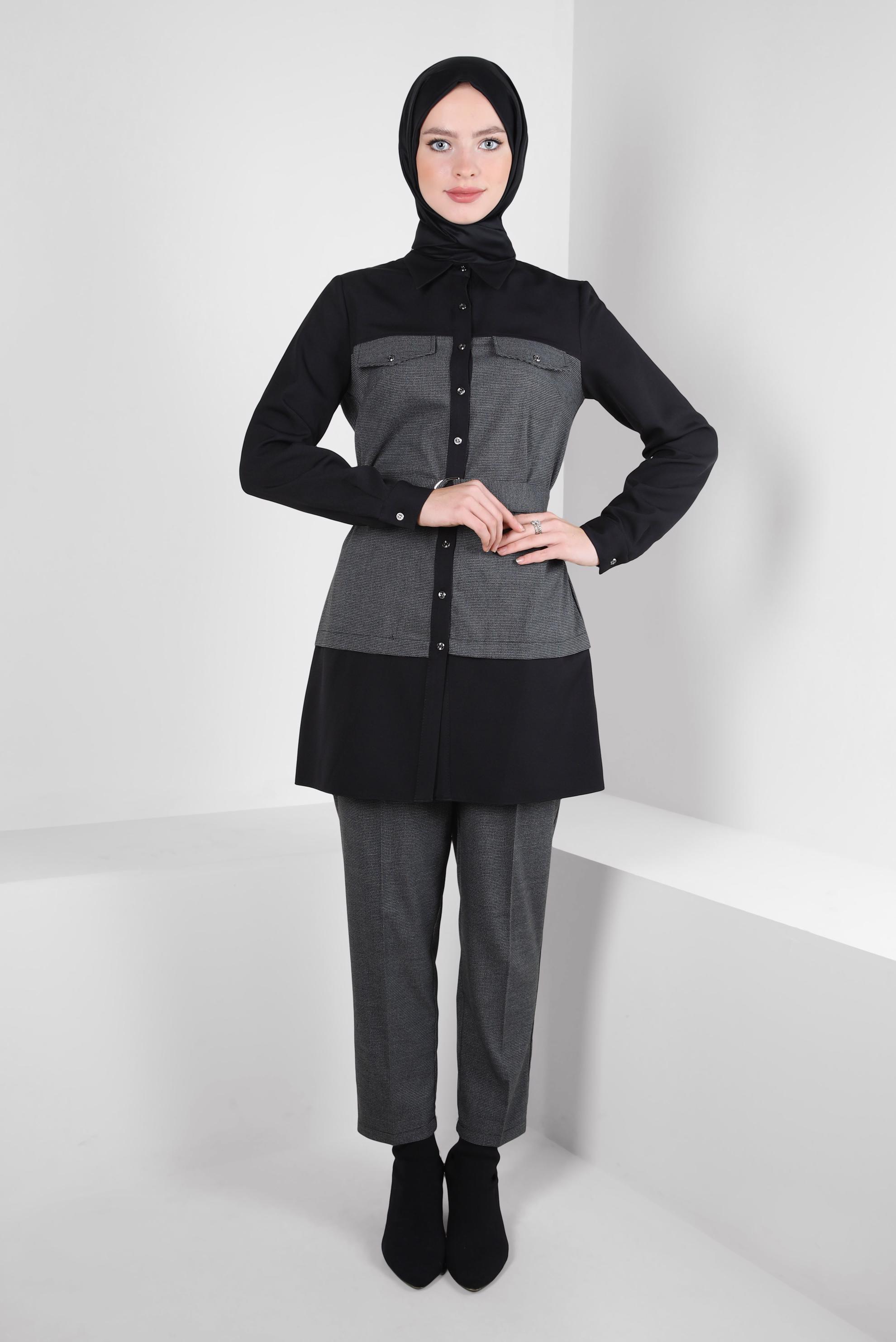 Tesettür giyim GRİ KEMERLİ PANTOLONLU TAKIM 44315