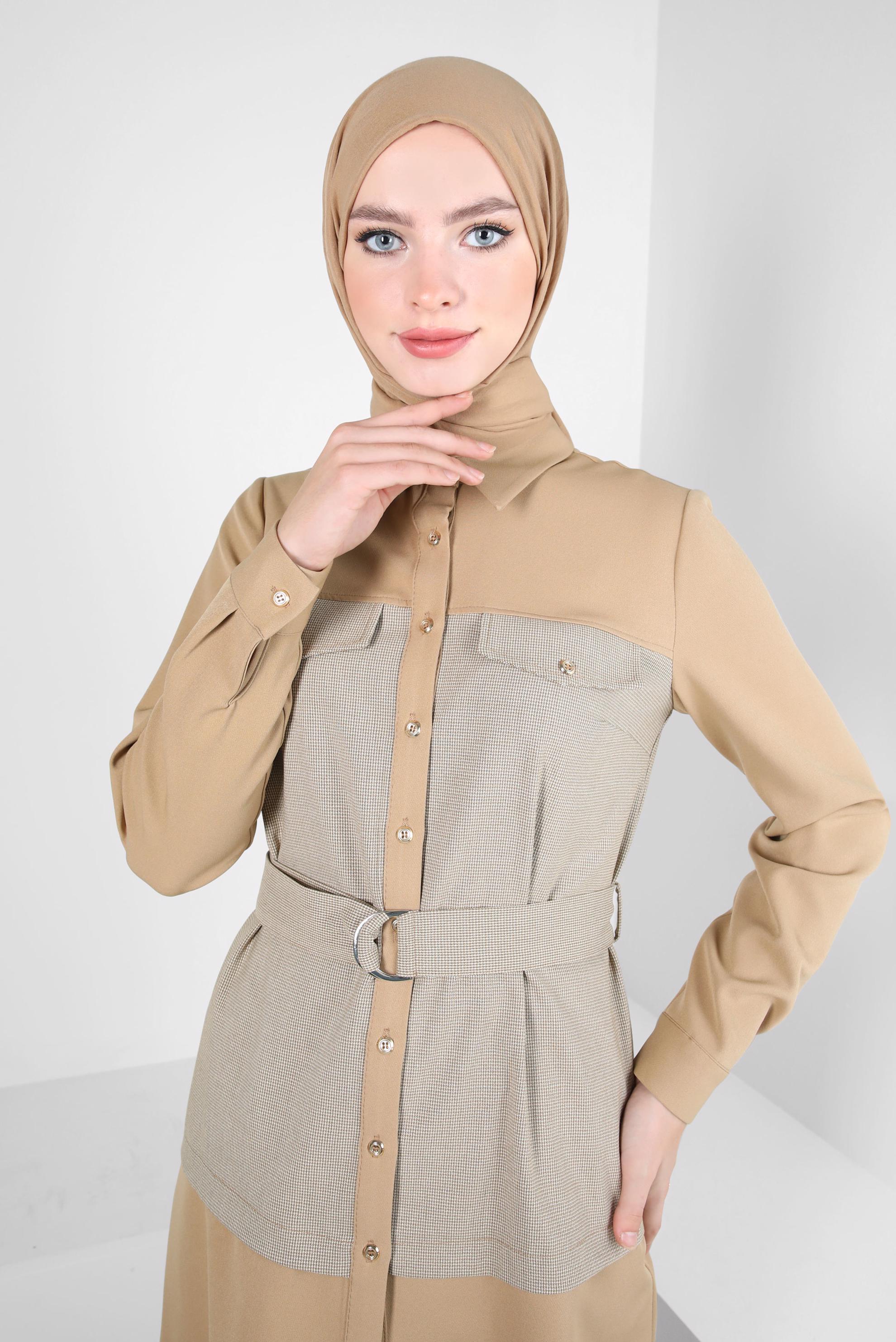 Tesettür giyim KAHVE KEMERLİ PANTOLONLU TAKIM 44315