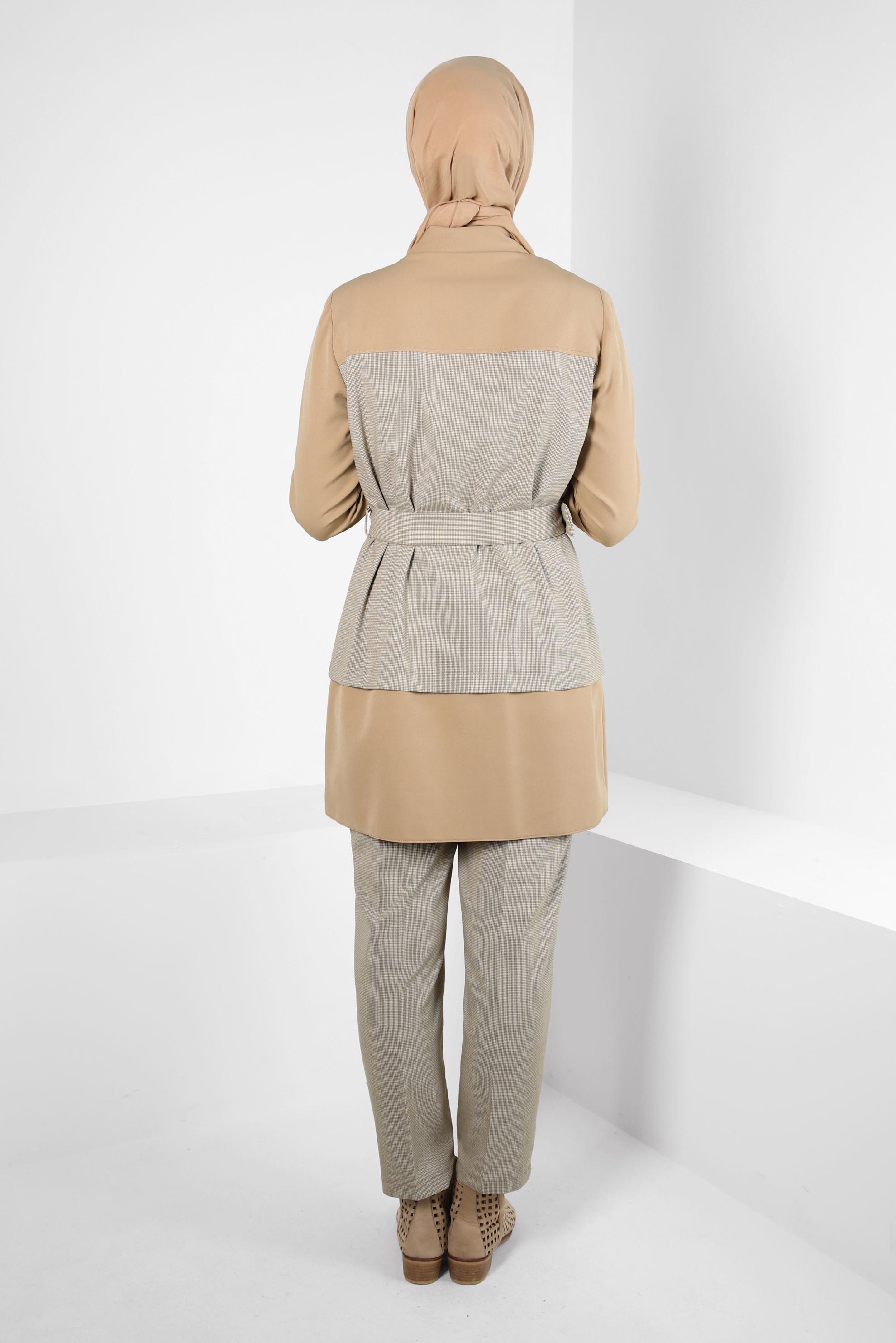 Tesettür giyim KAHVE KEMERLİ PANTOLONLU TAKIM 44315