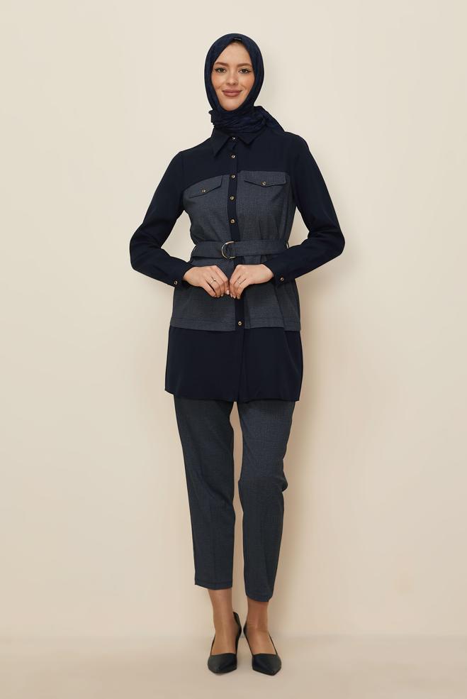 Tesettür giyim LACİVERT KEMERLİ PANTOLONLU TAKIM 44315 - ALVİNA