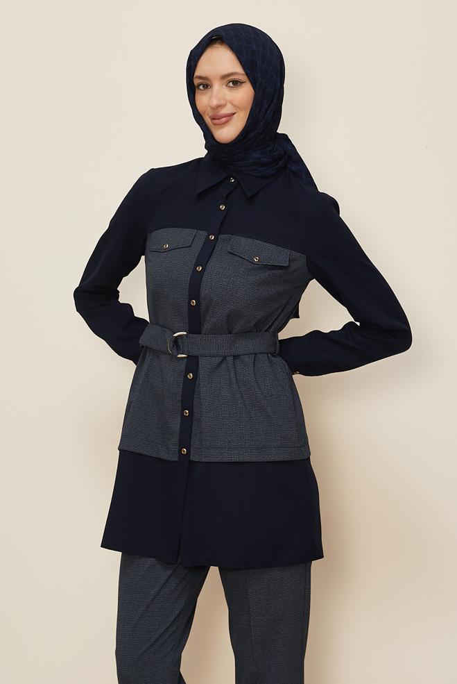 Tesettür giyim LACİVERT KEMERLİ PANTOLONLU TAKIM 44315 - ALVİNA