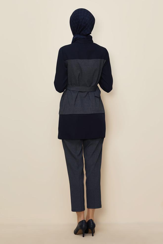 Tesettür giyim LACİVERT KEMERLİ PANTOLONLU TAKIM 44315 - ALVİNA