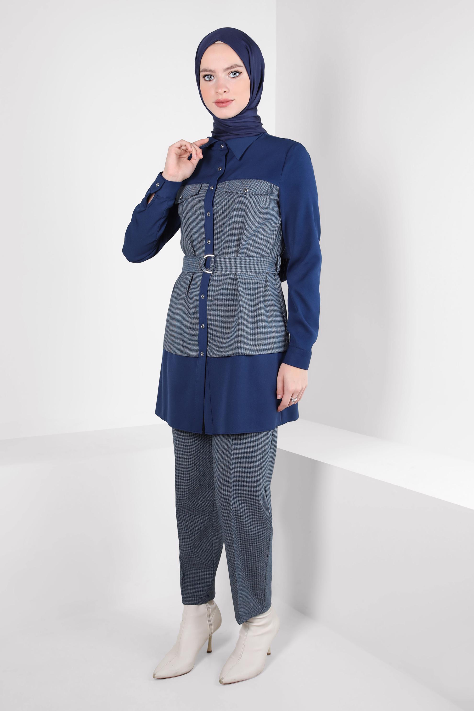 Tesettür giyim LACİVERT KEMERLİ PANTOLONLU TAKIM 44315
