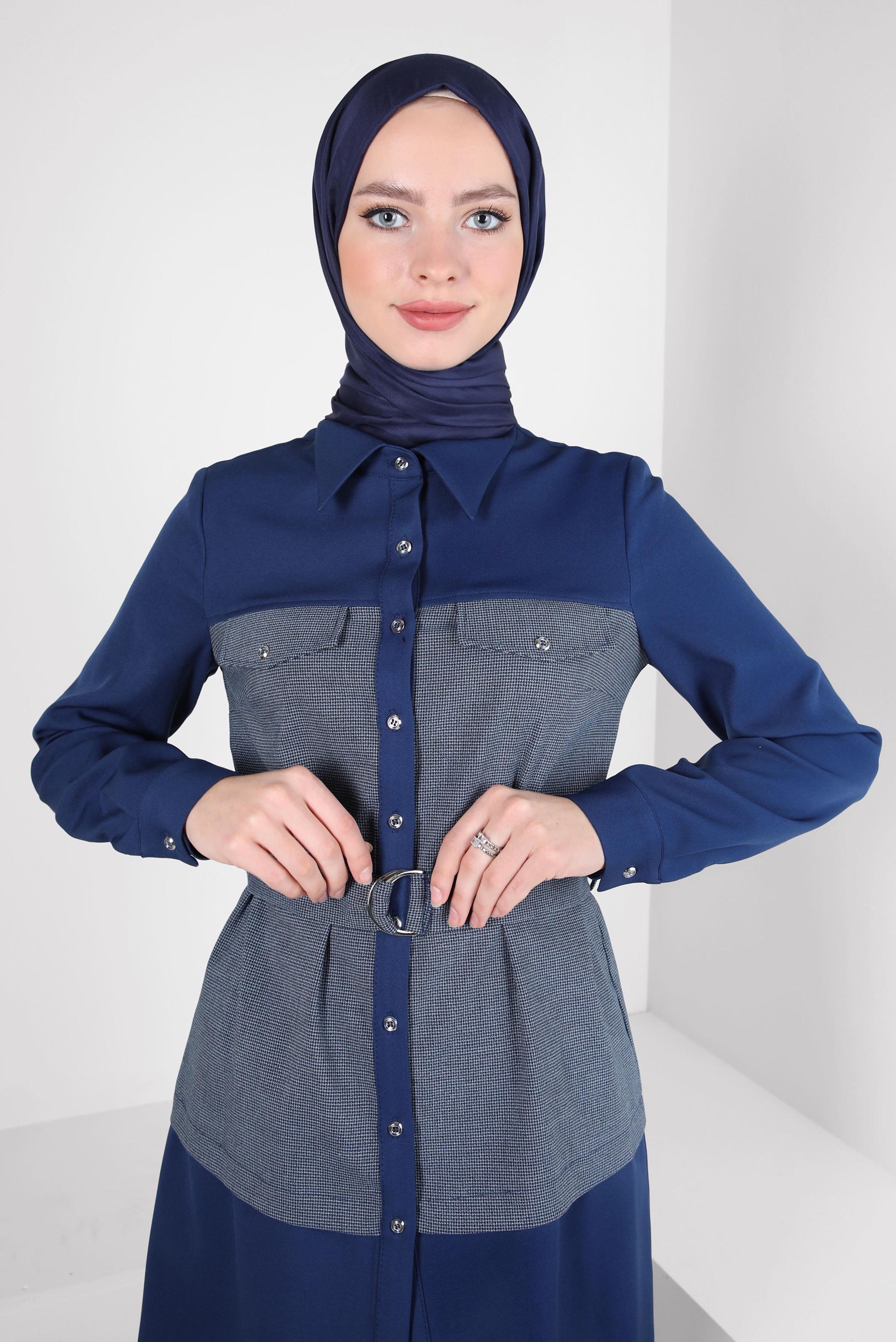 Tesettür giyim LACİVERT KEMERLİ PANTOLONLU TAKIM 44315