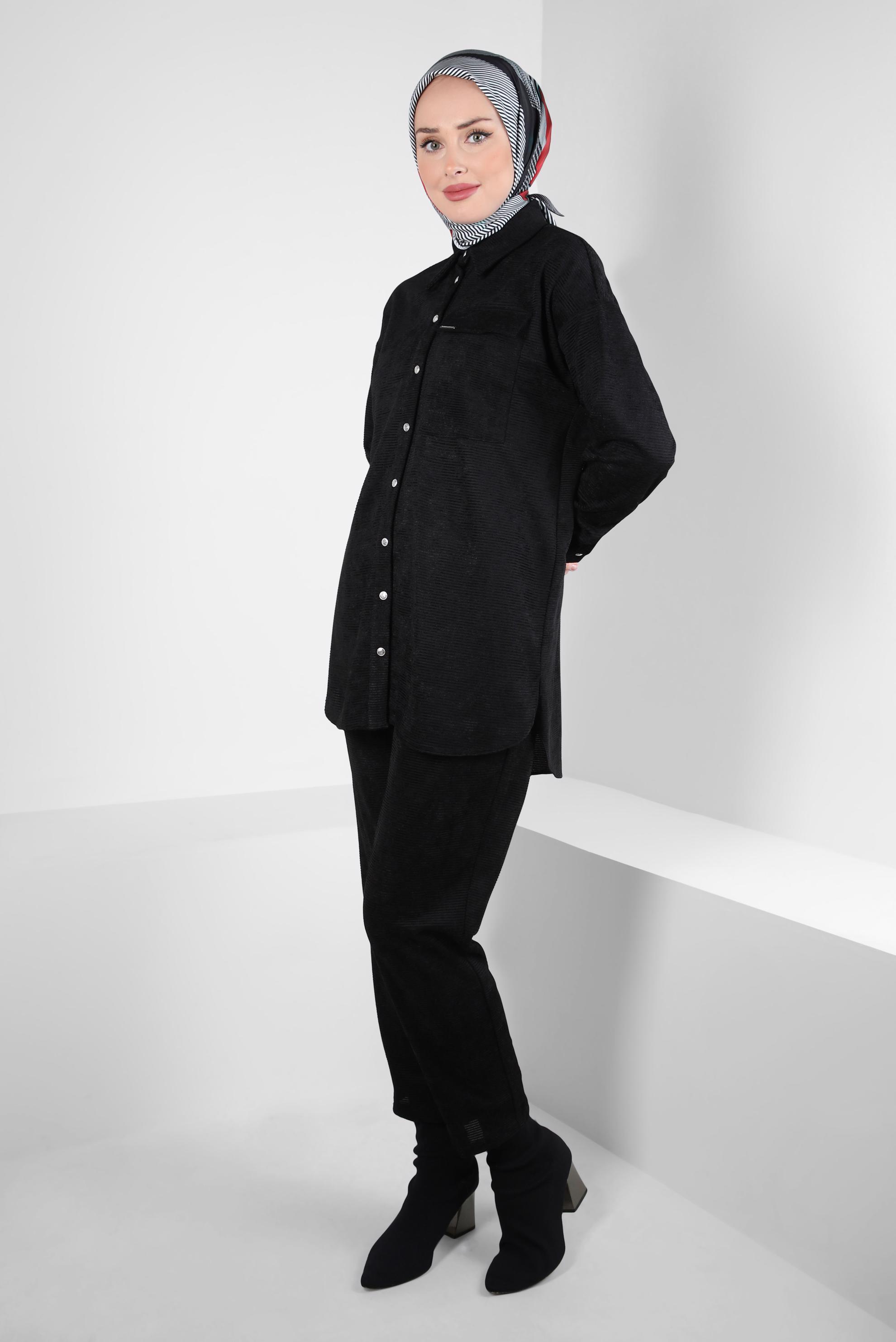 Tesettür giyim SİYAH KADİFE PANTOLONLU TAKIM 44338