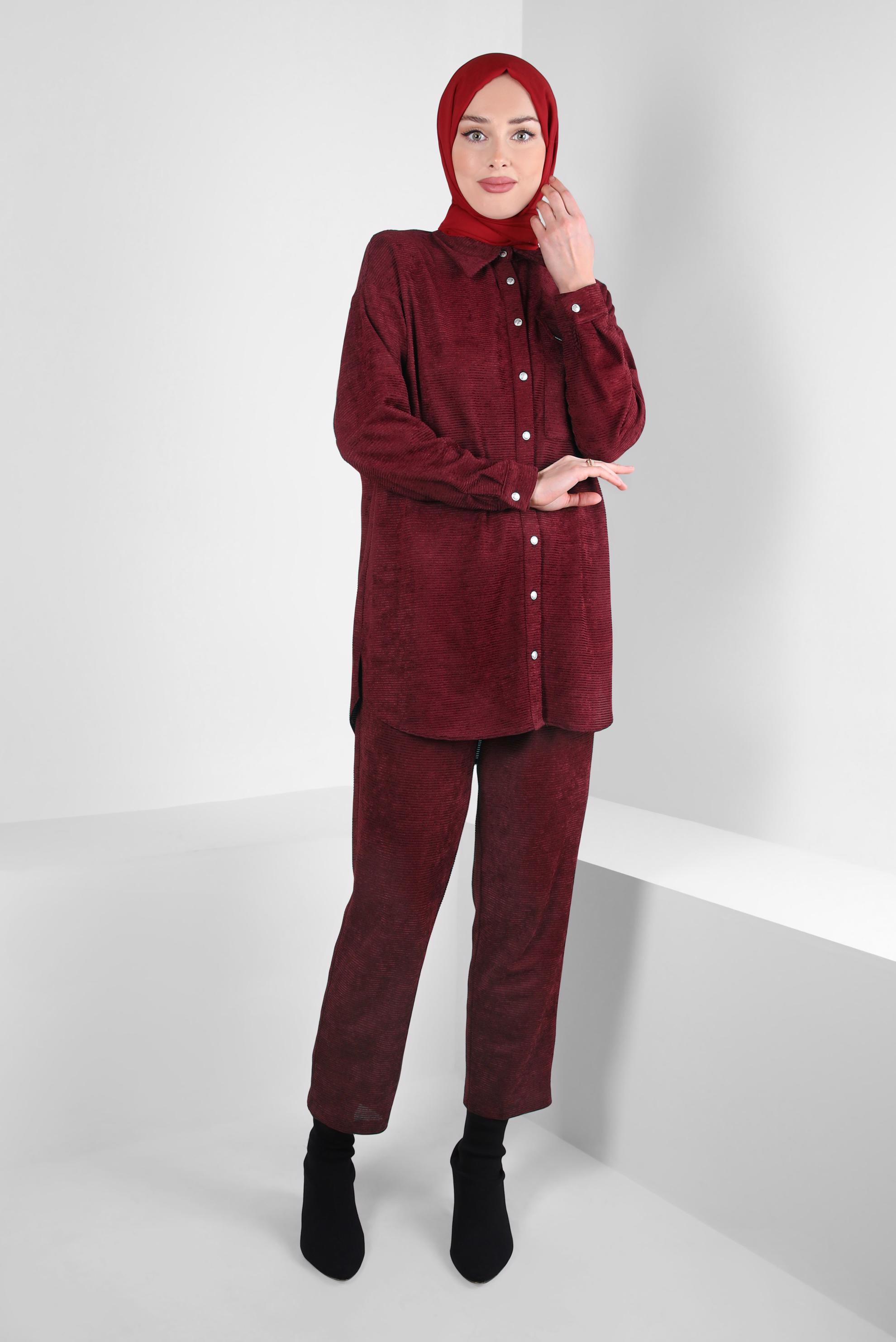 Tesettür giyim BORDO KADİFE PANTOLONLU TAKIM 44338