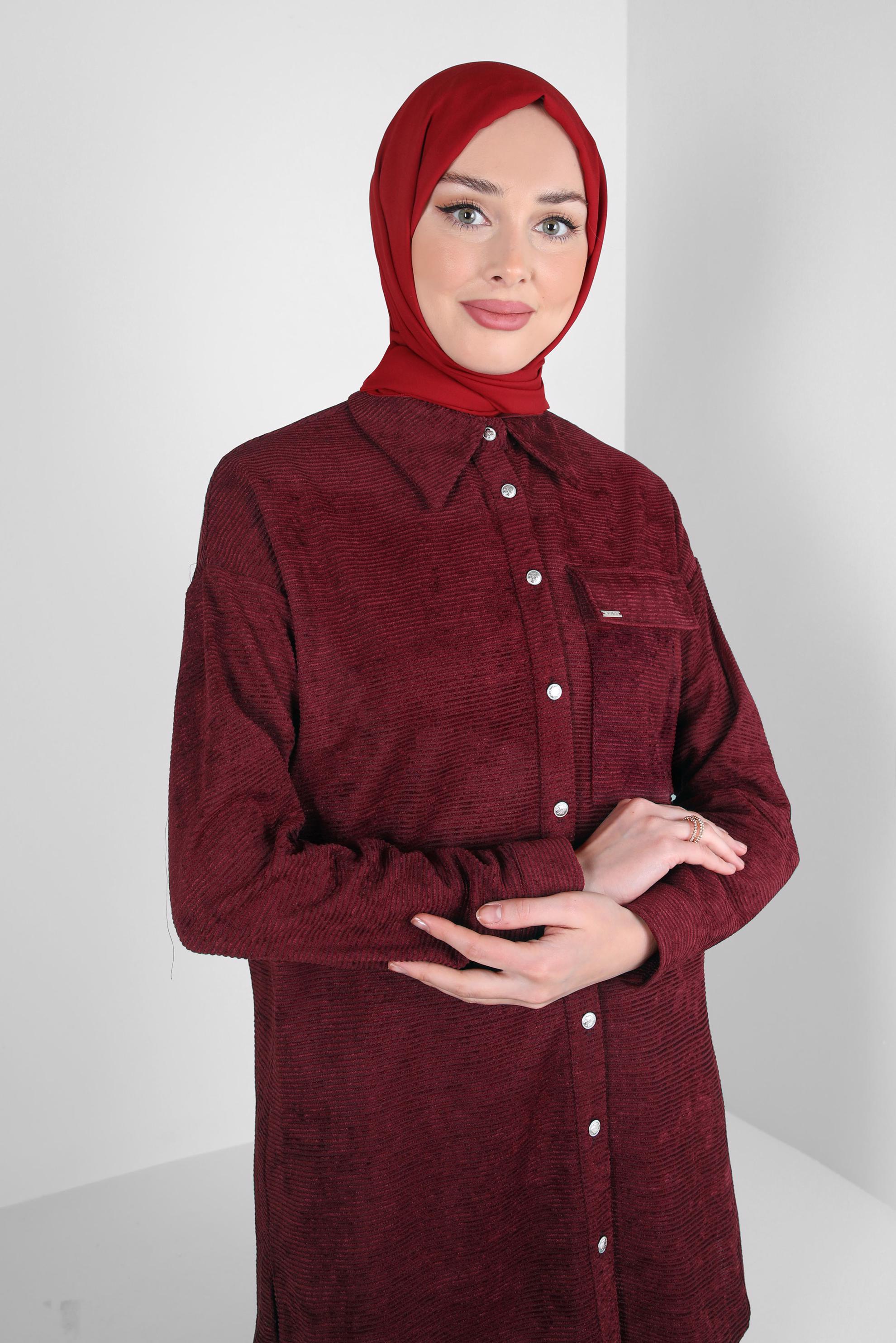 Tesettür giyim BORDO KADİFE PANTOLONLU TAKIM 44338