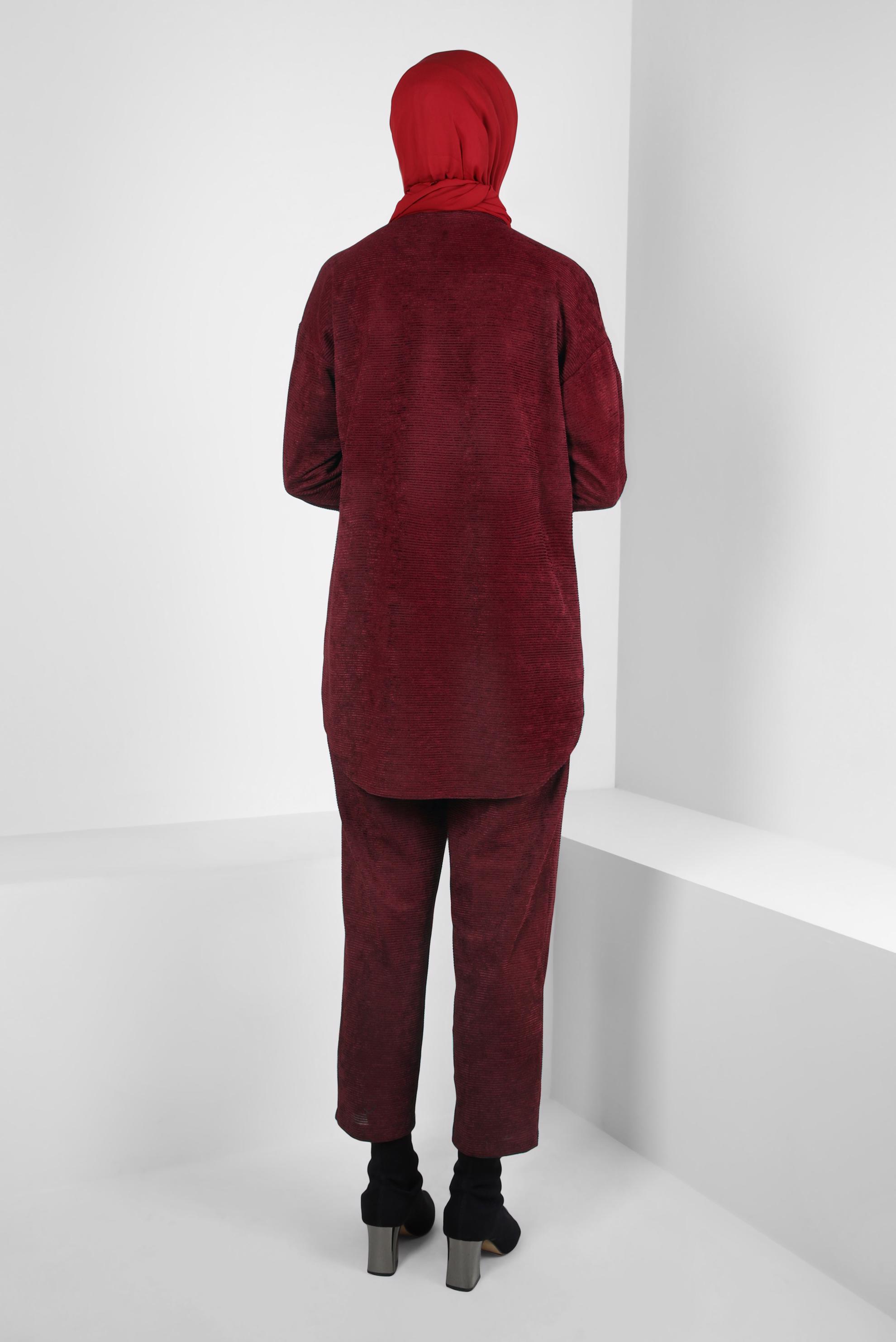 Tesettür giyim BORDO KADİFE PANTOLONLU TAKIM 44338