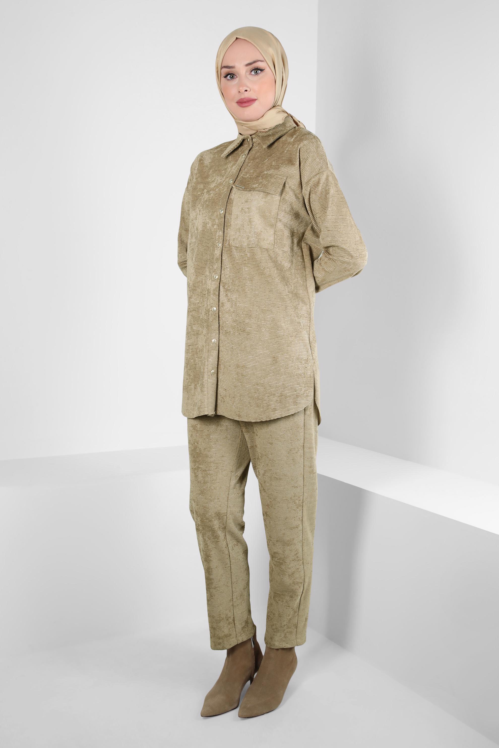 Tesettür giyim KAHVE KADİFE PANTOLONLU TAKIM 44338