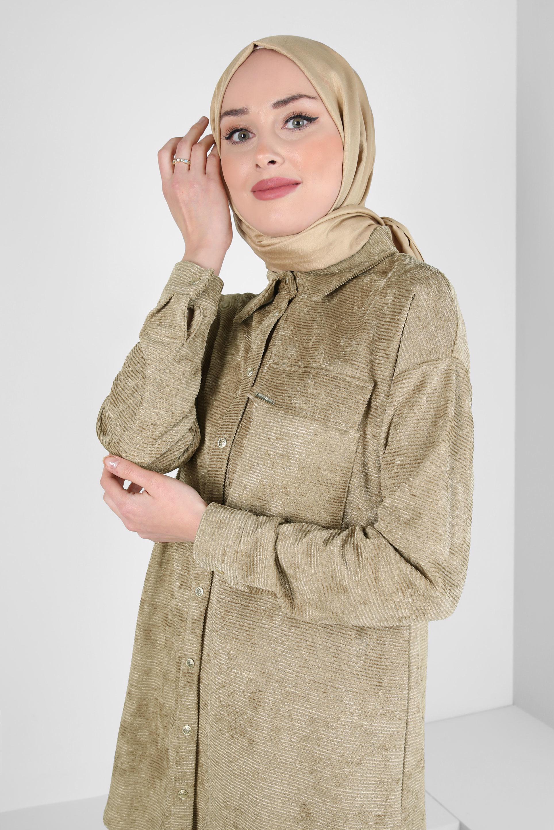 Tesettür giyim KAHVE KADİFE PANTOLONLU TAKIM 44338