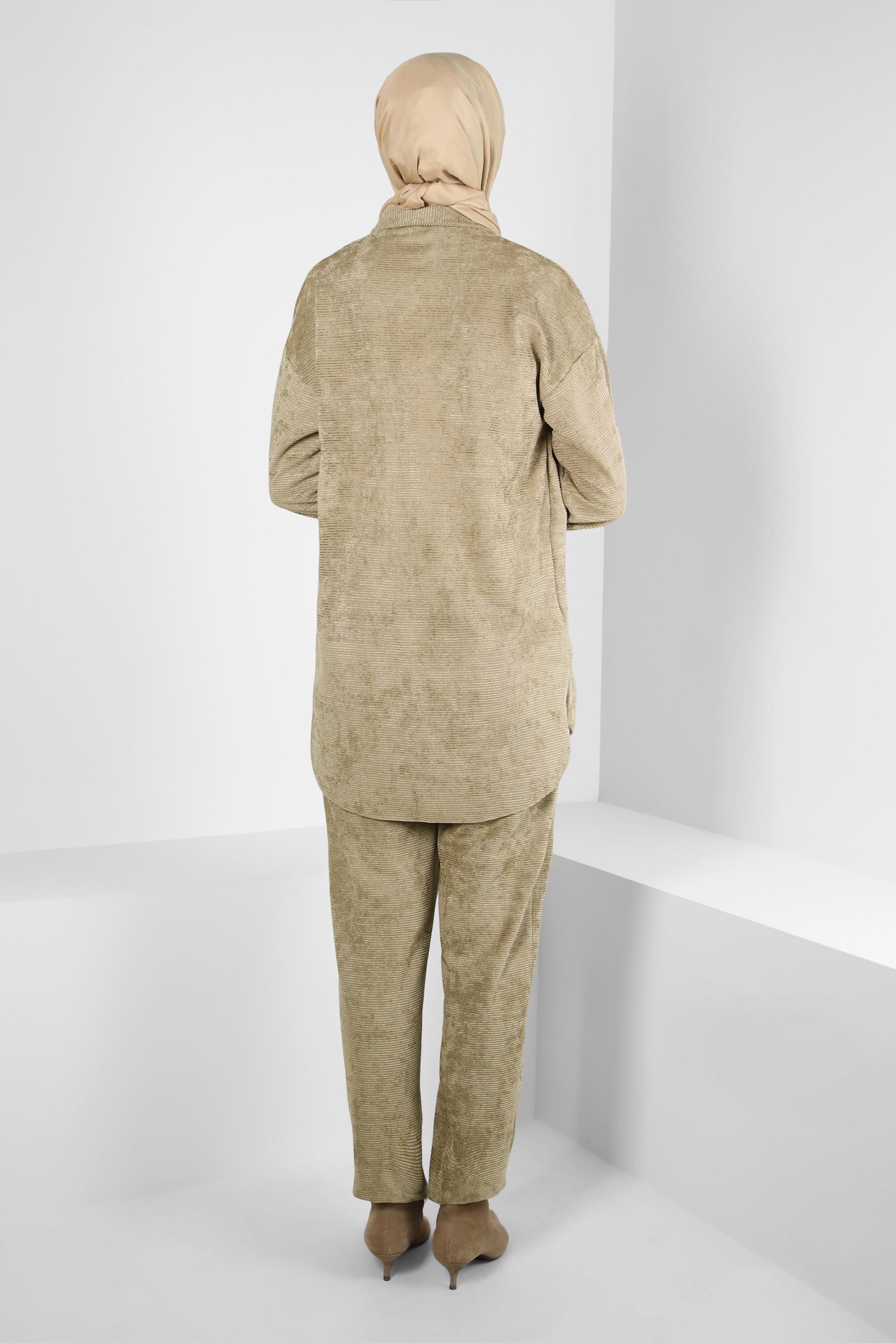 Tesettür giyim KAHVE KADİFE PANTOLONLU TAKIM 44338