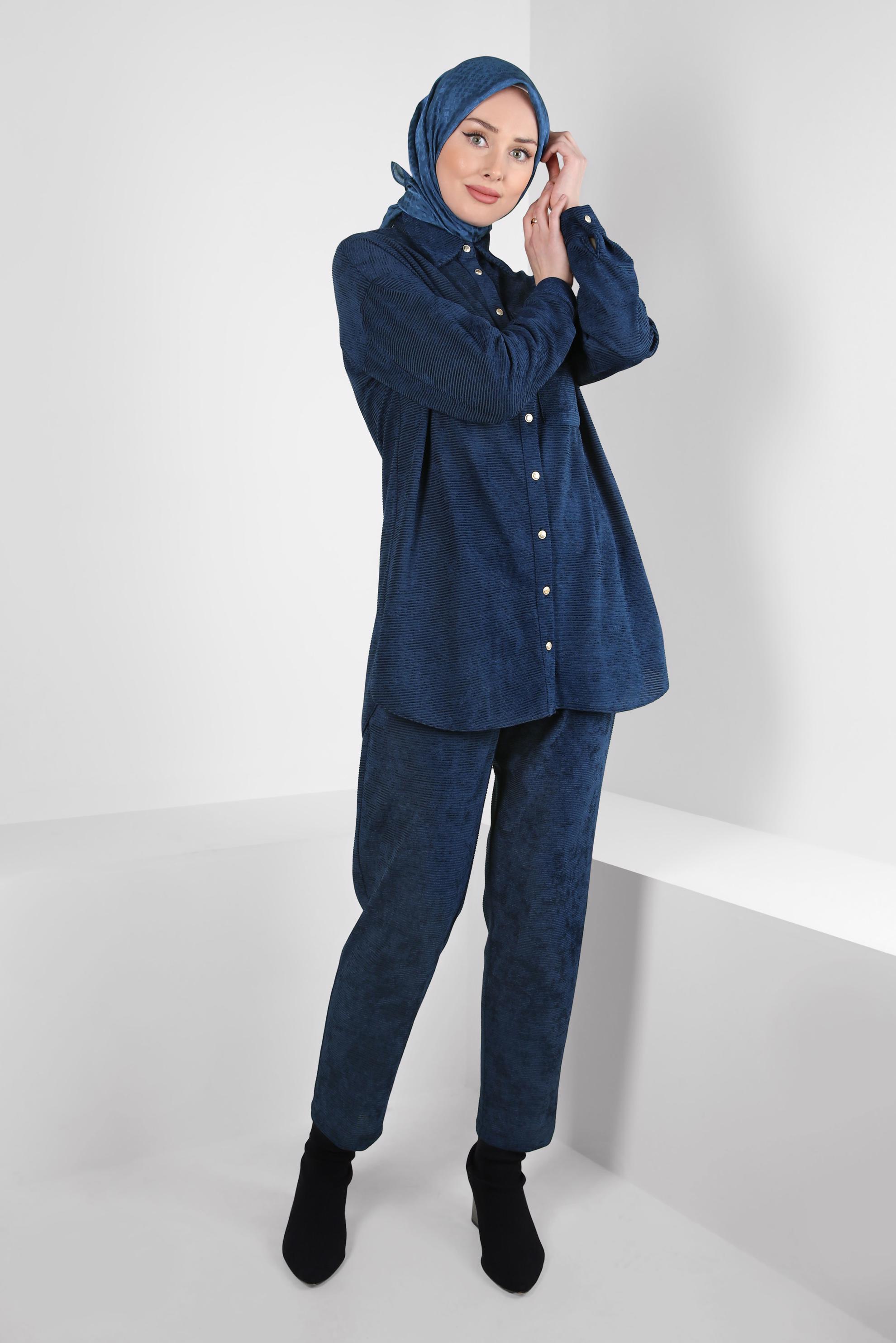 Tesettür giyim LACİVERT KADİFE PANTOLONLU TAKIM 44338