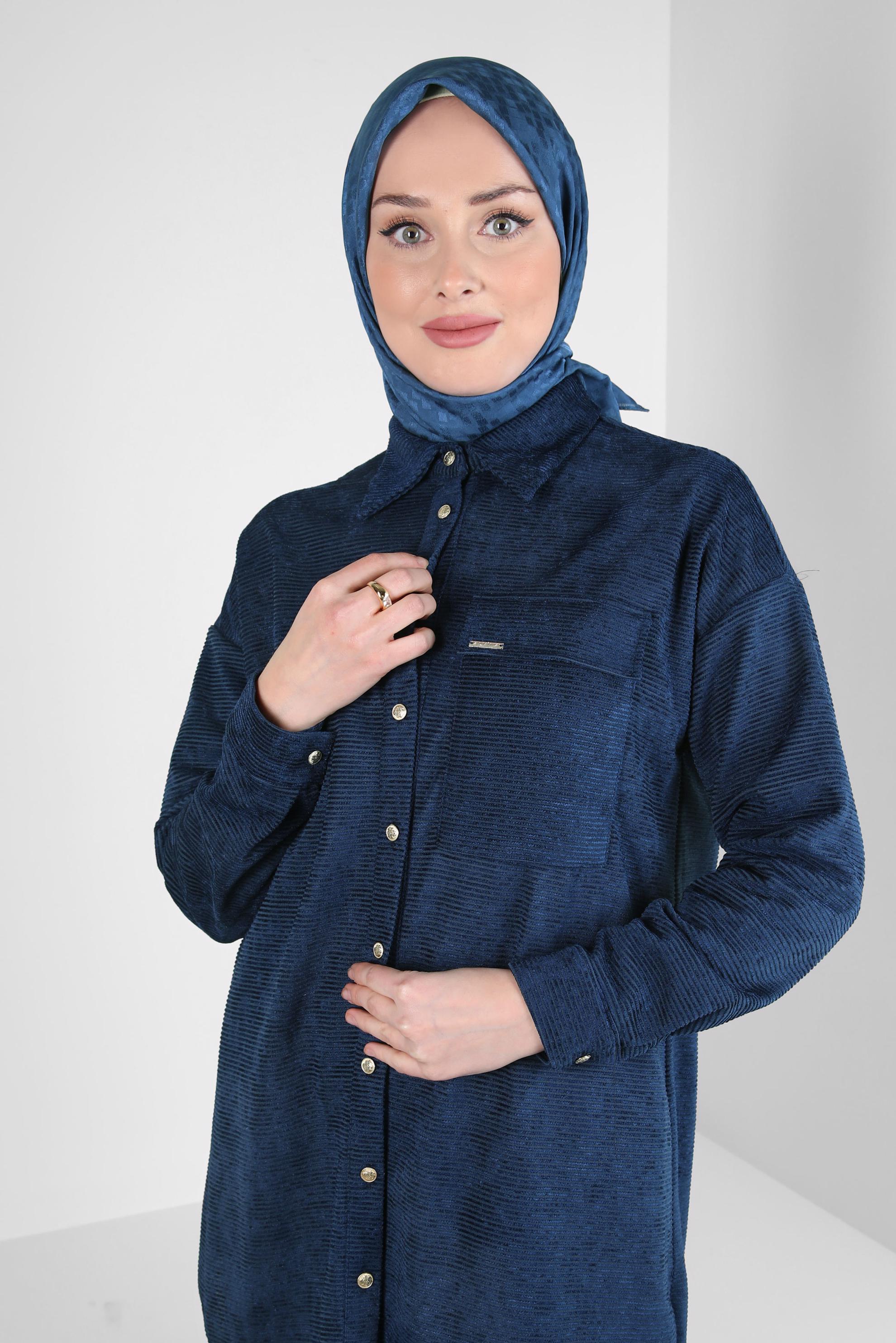 Tesettür giyim LACİVERT KADİFE PANTOLONLU TAKIM 44338