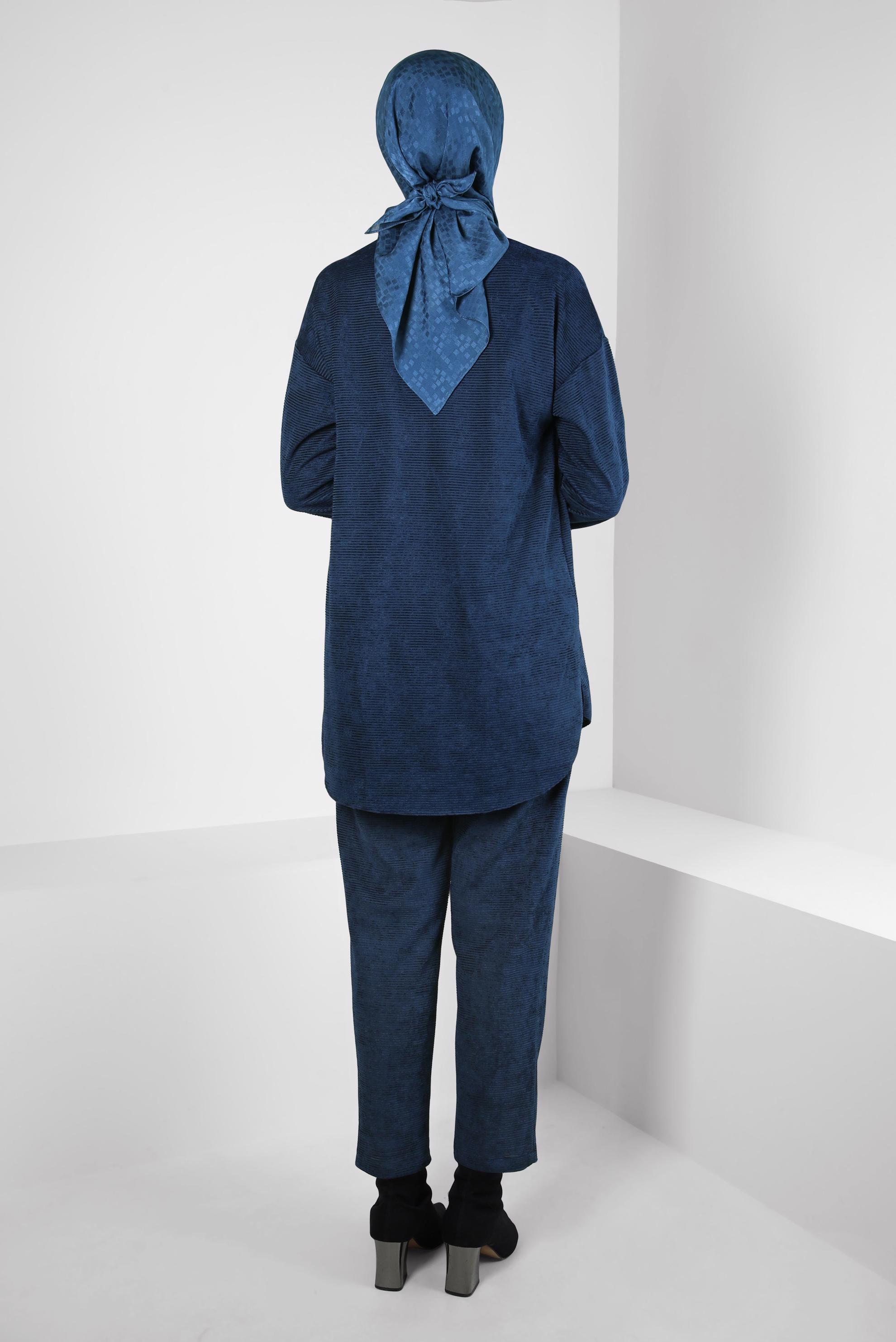 Tesettür giyim LACİVERT KADİFE PANTOLONLU TAKIM 44338